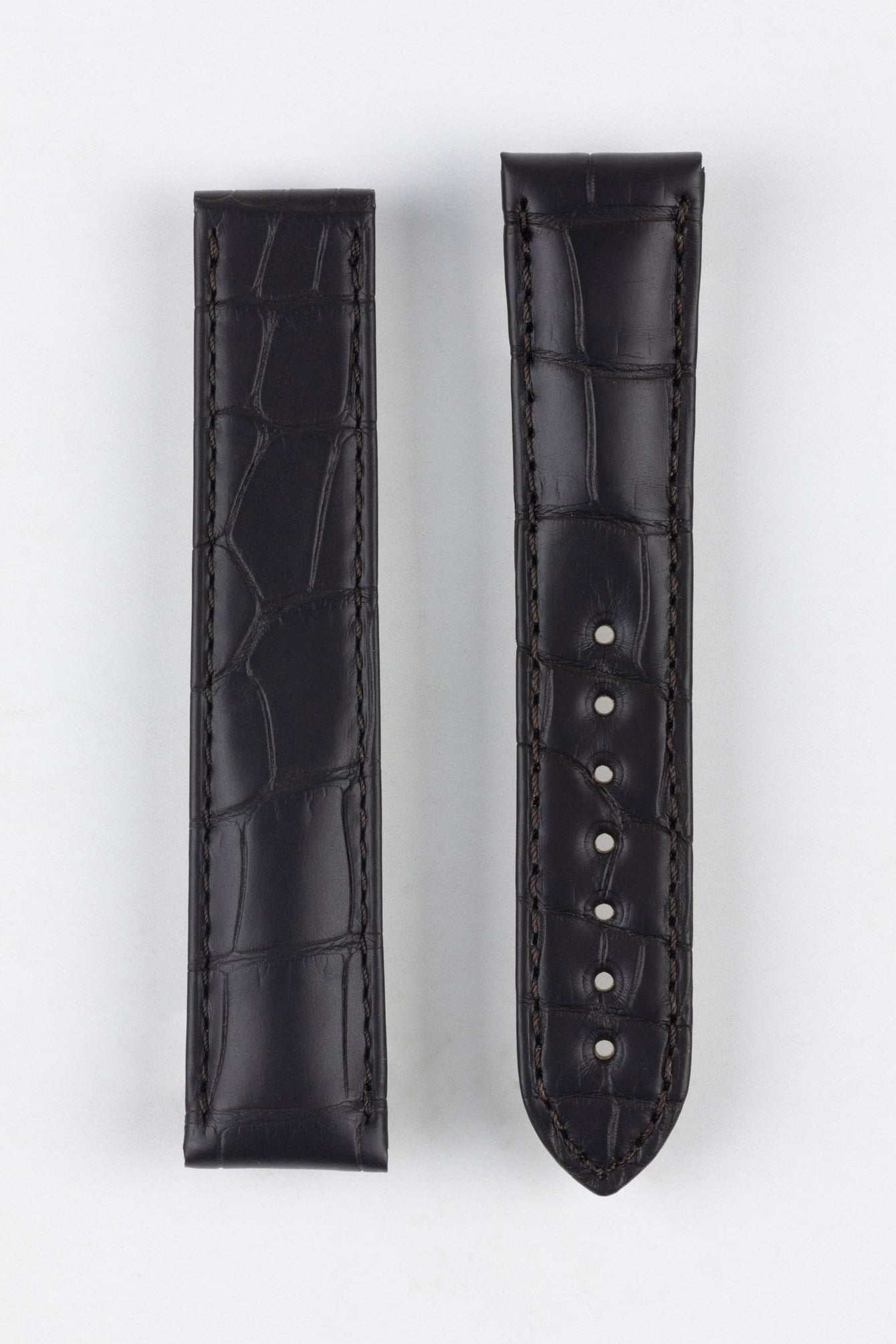 Image Showing Topside of Omega 98000276 Genuine Alligator Skin Watch Strap in Brown, the strap has a 20mm lug width.