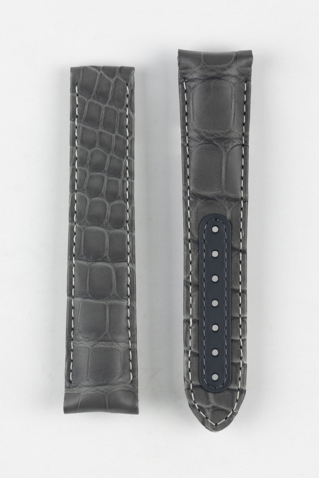 Image Showing Topside of Omega CUZ004450 Genuine Alligator Skin Delployment Watch Strap in Grey, the strap is designed to fit the Grey Side of the Moon Watch. The Strap has a patch on the tang holes for durability and strength.