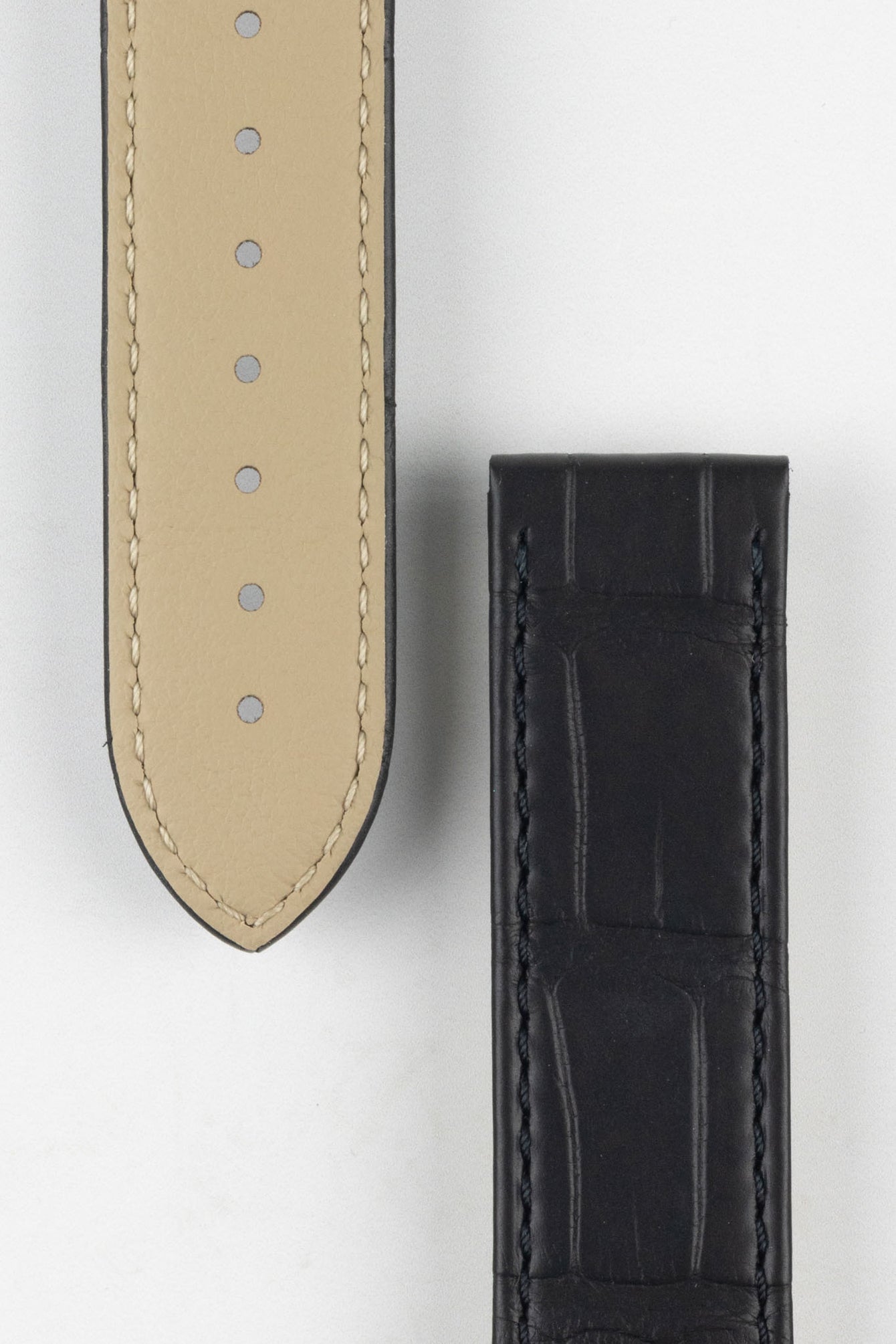 Close up of topside and lining of Omega Alligator Watch Strap, showing the soft leather lining and deployment end.