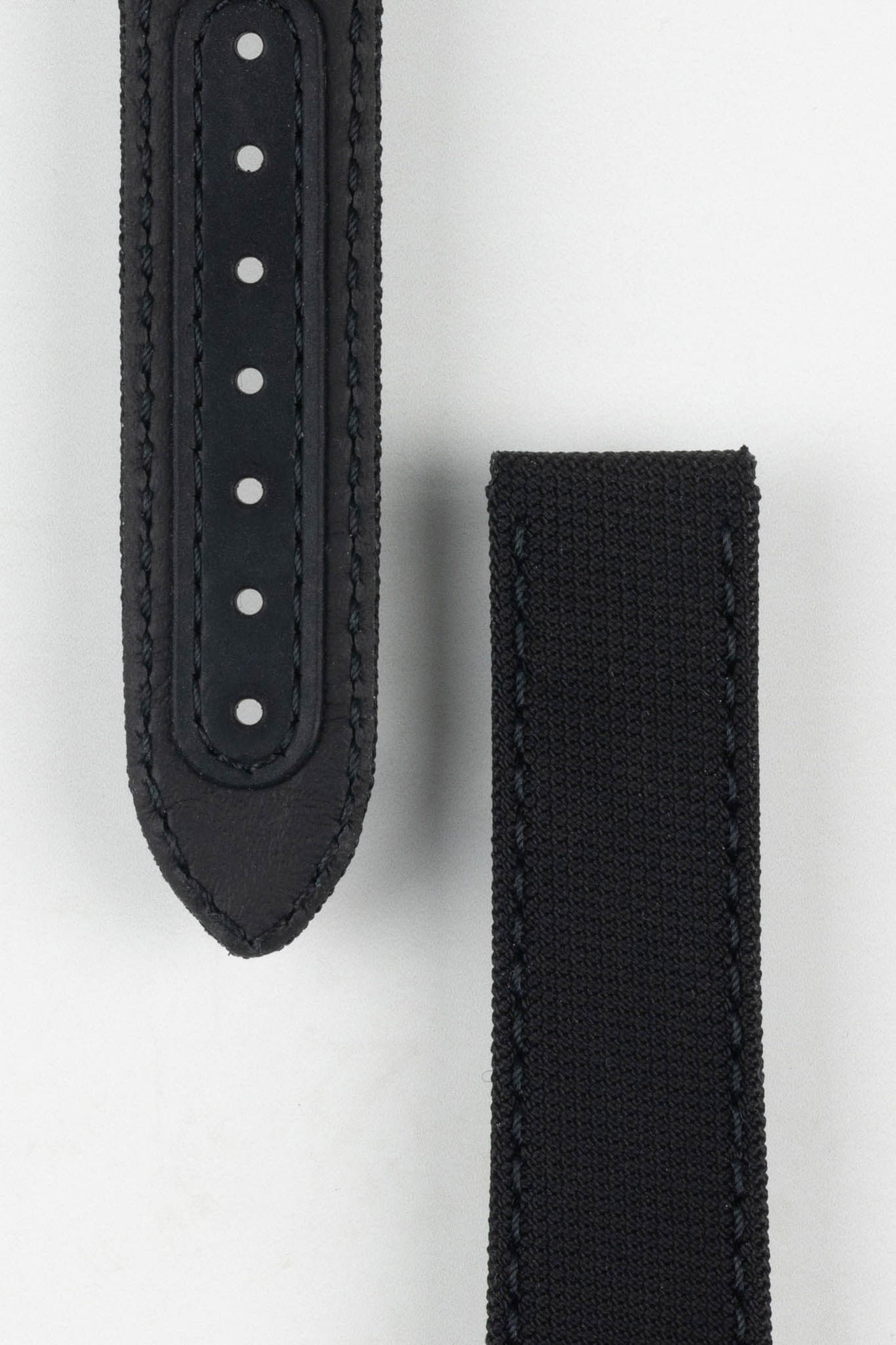 Close up of topside and lining of Omega Nylon Watch Strap, showing the soft leather lining, the tang hole patch and deployment end.