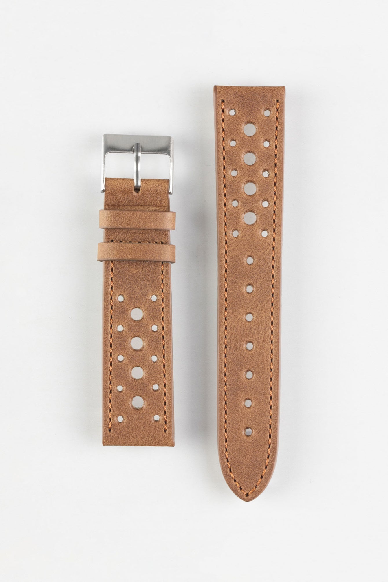 Pebro RACING Perforated Leather Watch Strap in MID BROWN