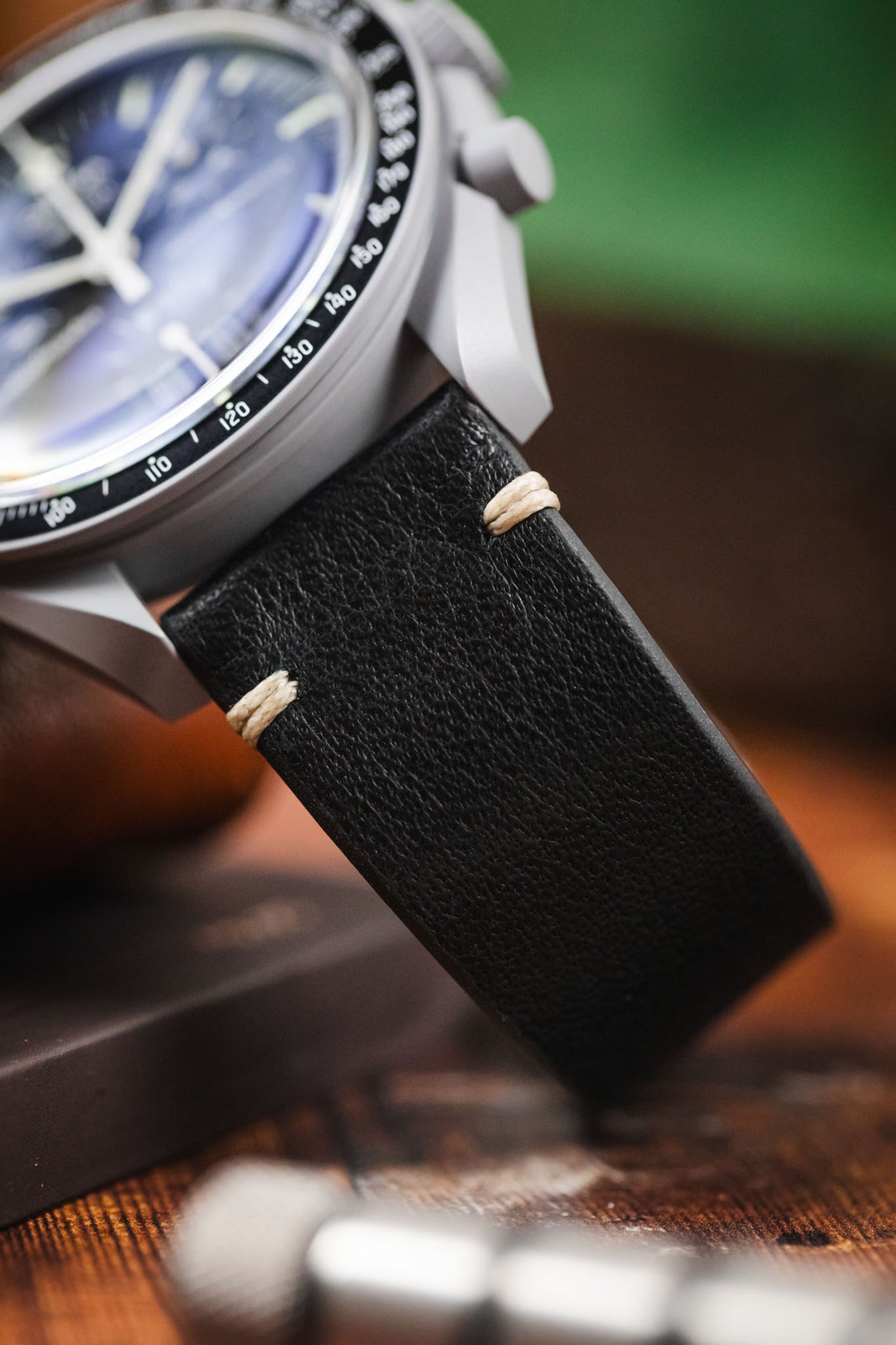 RIOS1931 INZELL Retro Organic Leather Watch Strap in BLACK