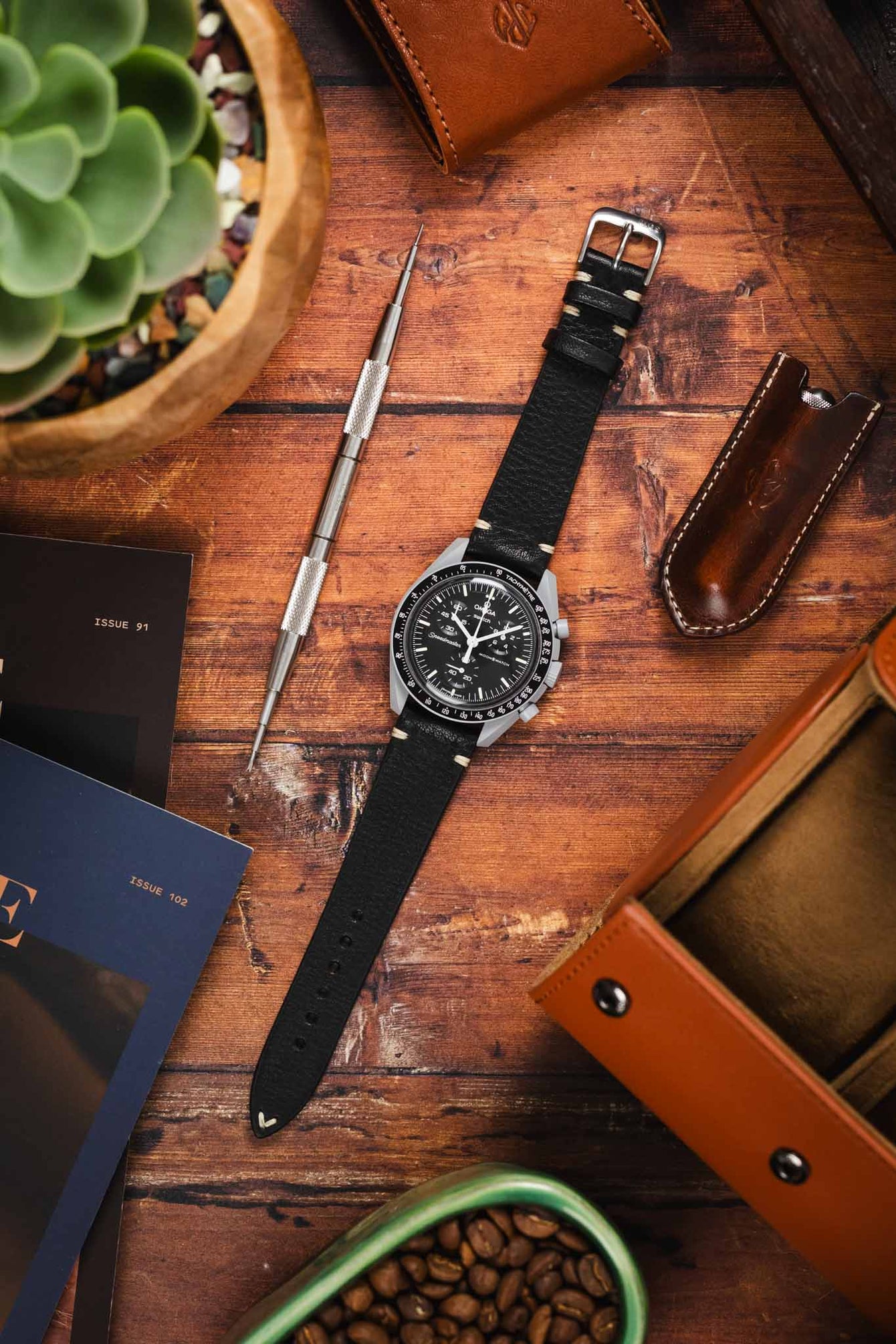 RIOS1931 INZELL Retro Organic Leather Watch Strap in BLACK