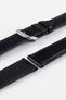 Photograph showing RIOS1931 Merino Leather Watch Strap buckled up and lug ends with springbar holes, topside and underside, with polished silver buckle option