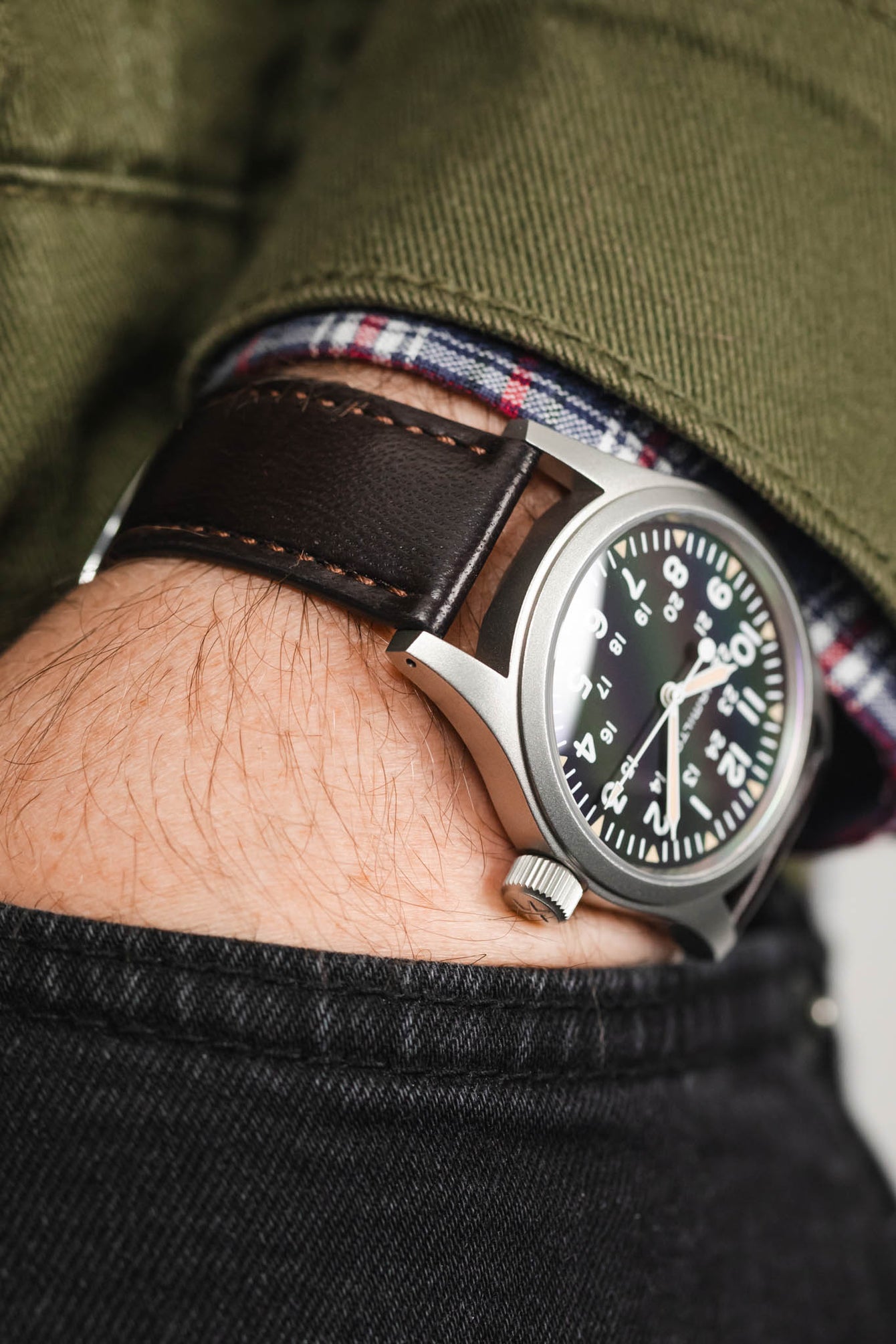 Pocket Shot Photograph of Mocha Brown Merino Genuine Lambskin Watch Strap on Hamilton Khaki Field Watch