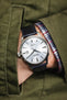 Pocket Shot Photograph of Ocean Blue Merino Genuine Lambskin Watch Strap on Seiko Presage Blue Dial Watch