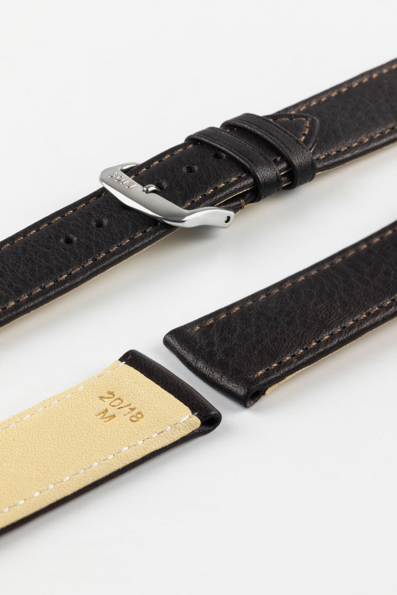 RIOS1931 Pin buckle in silver with embossed logo for the Waging Watch Strap in Mocha