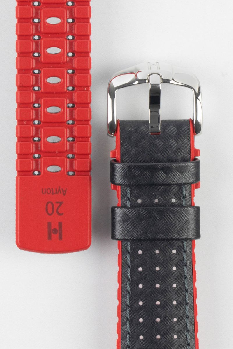 Hirsch AYRTON Carbon Embossed Performance Watch Strap in BLACK / RED