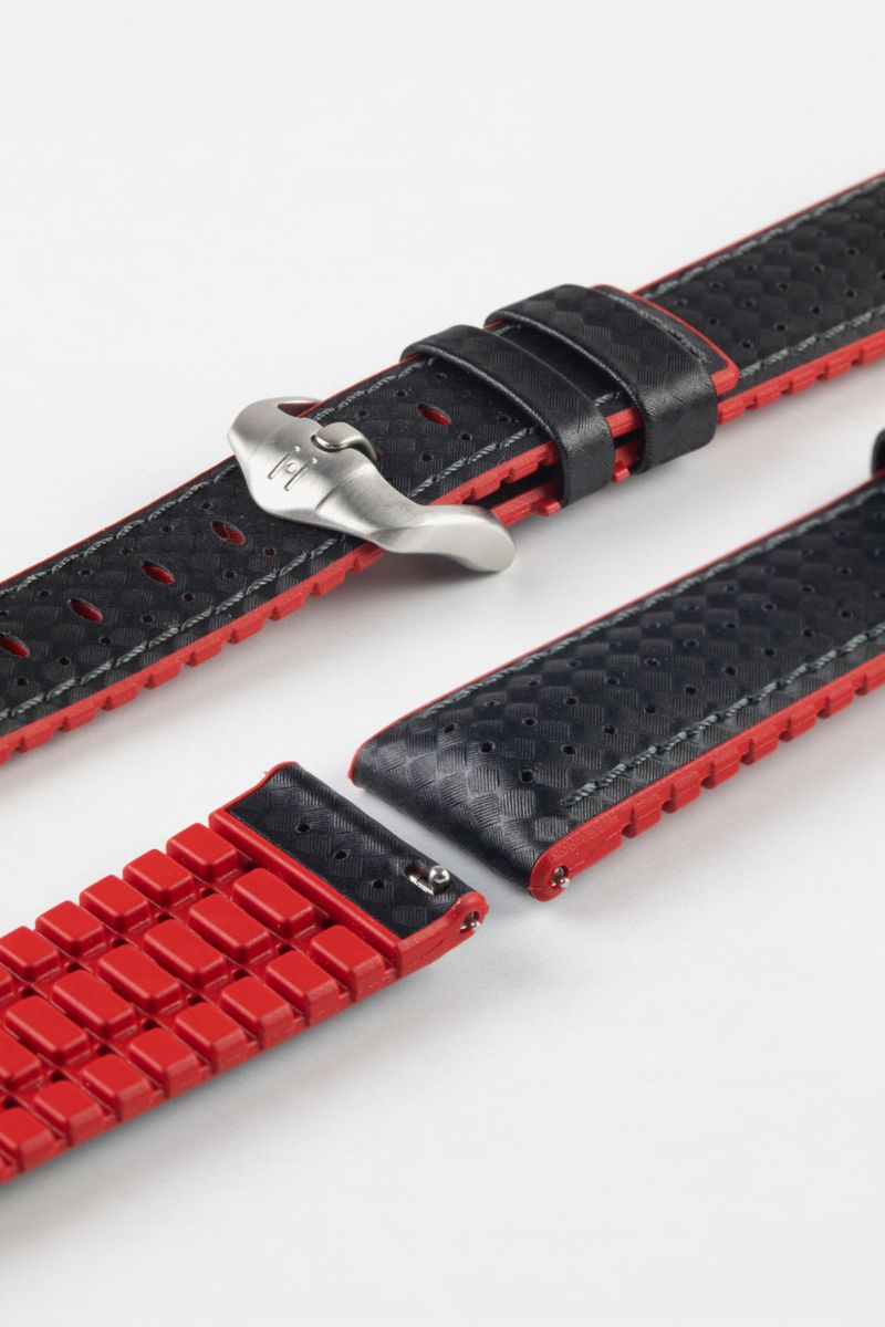 Hirsch AYRTON Carbon Embossed Performance Watch Strap in BLACK / RED