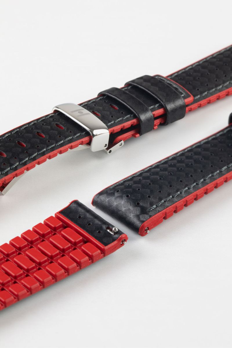 Hirsch AYRTON Carbon Embossed Performance Watch Strap in BLACK / RED