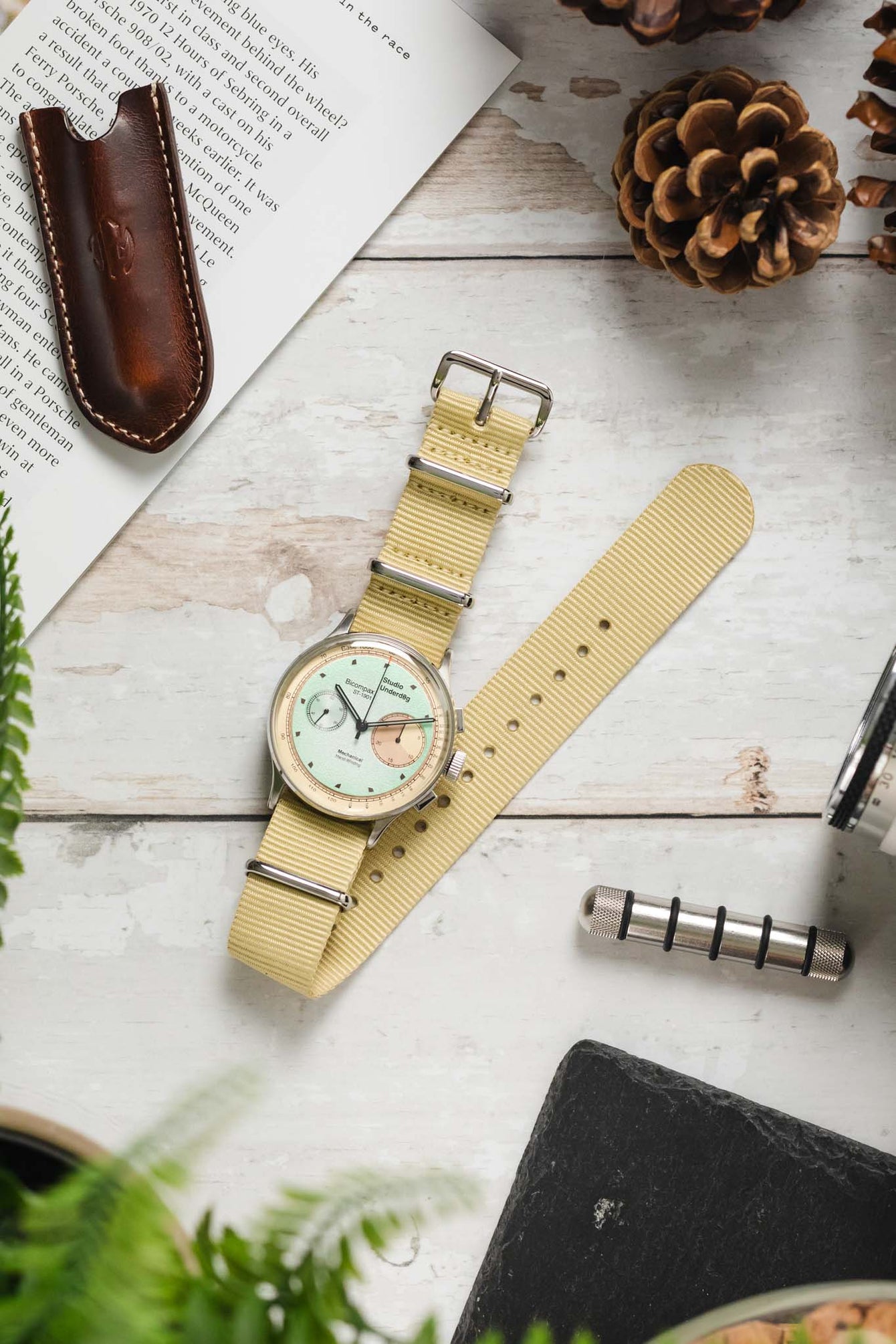 Nylon Watch Strap in BEIGE with Polished Buckle and Keepers