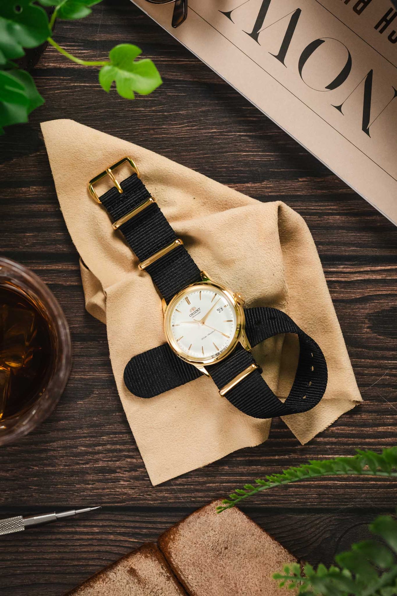 Nylon Watch Strap in BLACK with Gold Buckle and Keepers