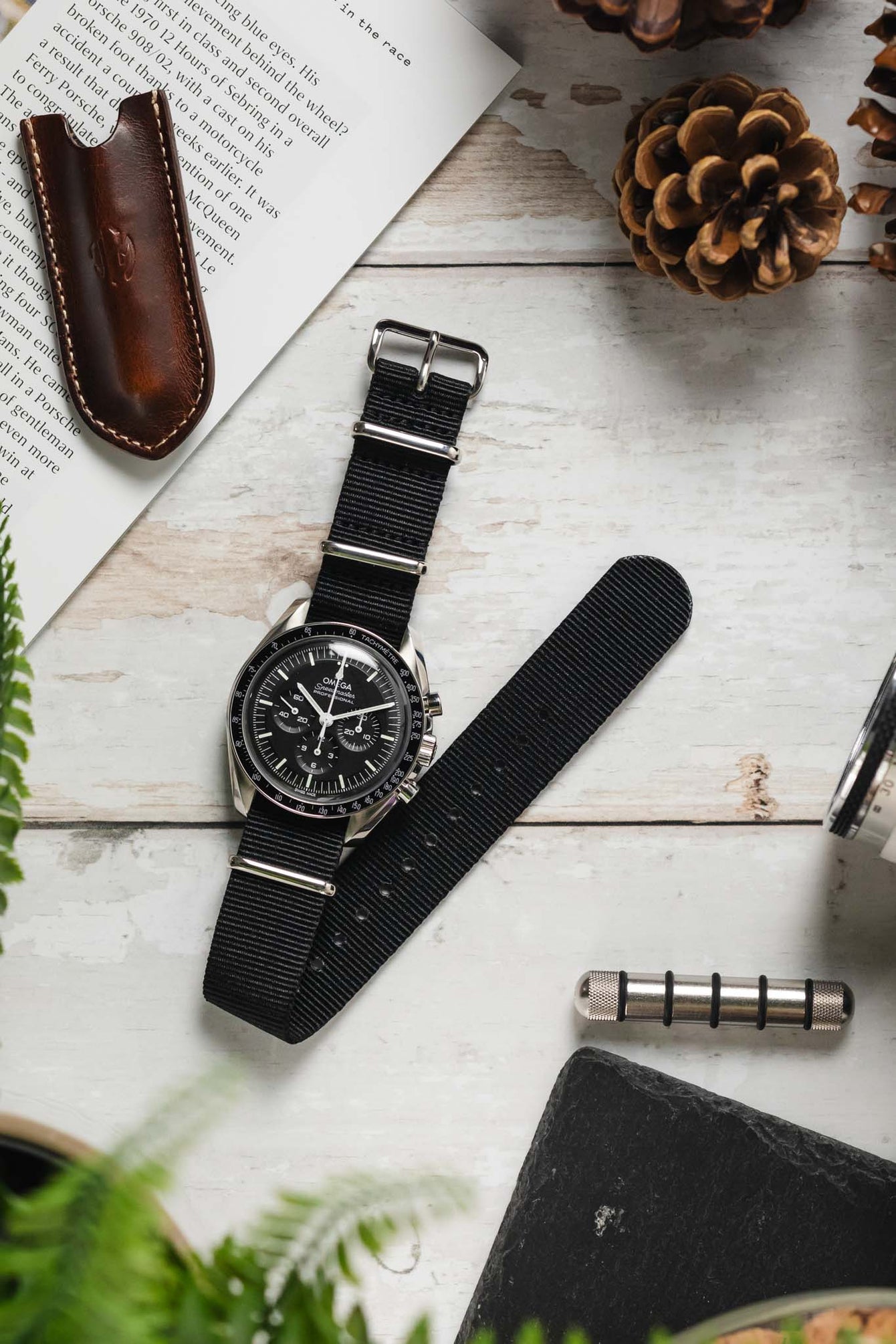 Nylon Watch Strap in BLACK with Polished Buckle and Keepers