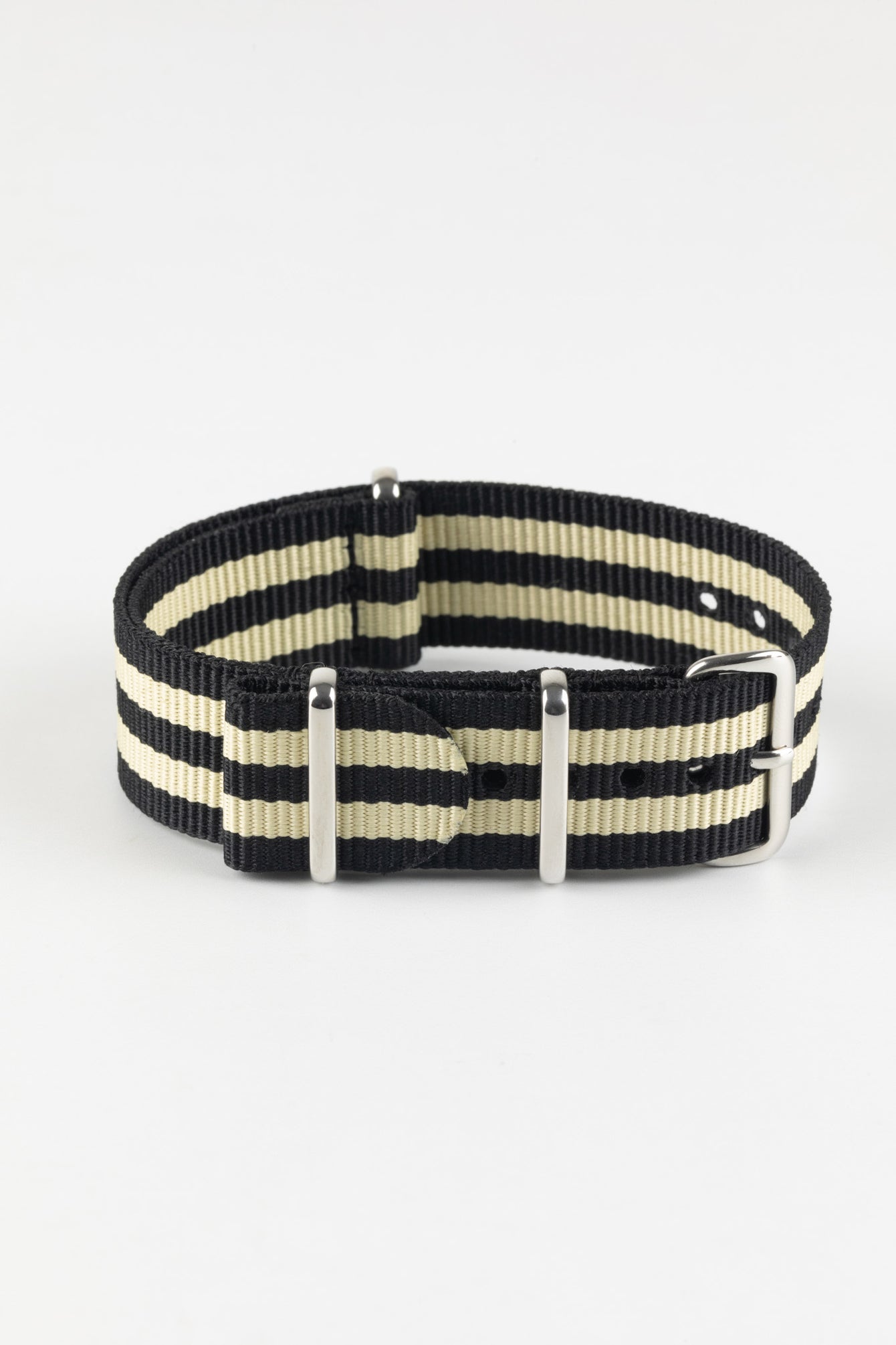 Nylon Watch Strap in BLACK with BEIGE Stripes