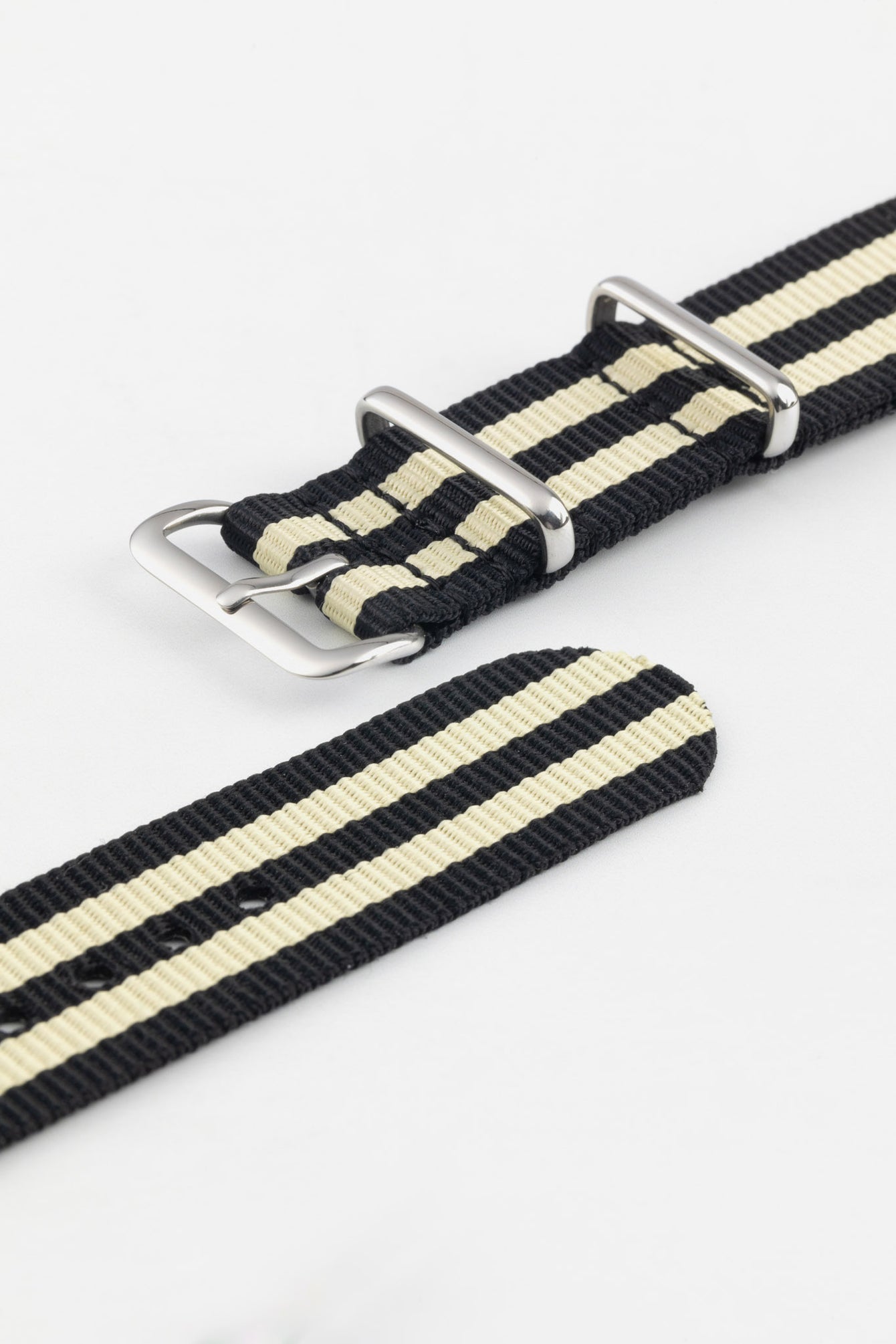 Nylon Watch Strap in BLACK with BEIGE Stripes