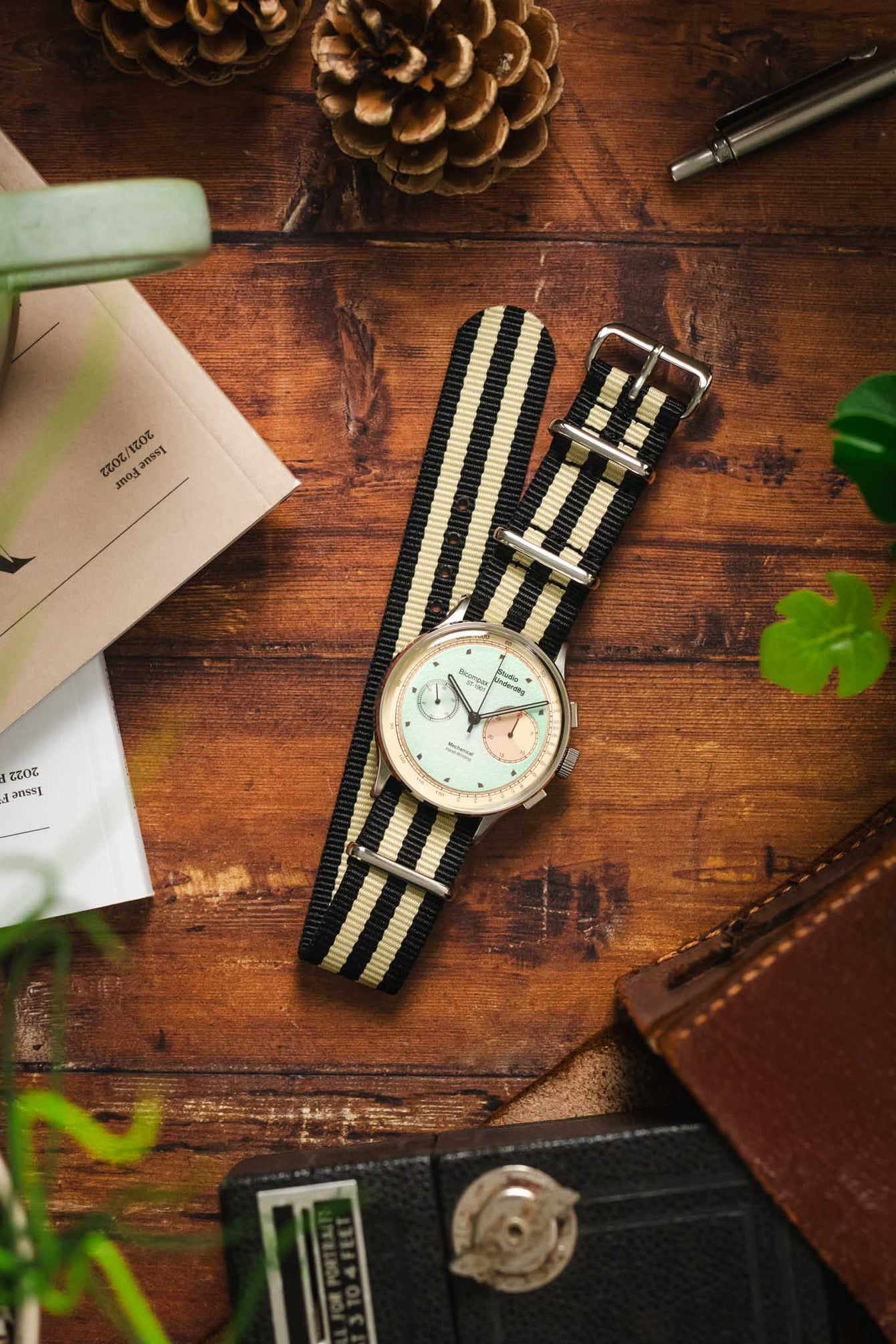 Nylon Watch Strap in BLACK with BEIGE Stripes