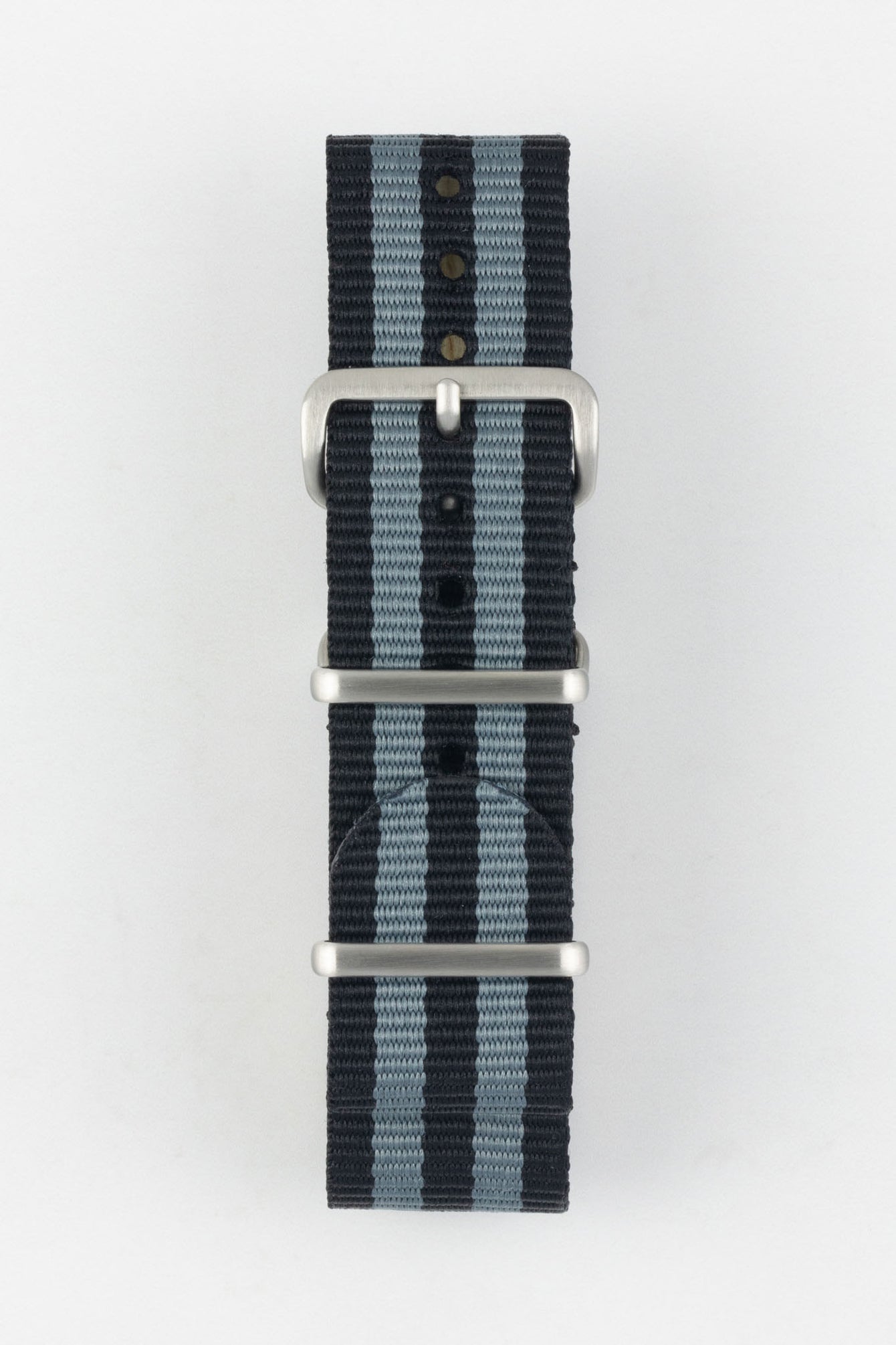 Nylon Watch Strap in BLACK / GREY Stripes with Brushed Buckle & Keepers