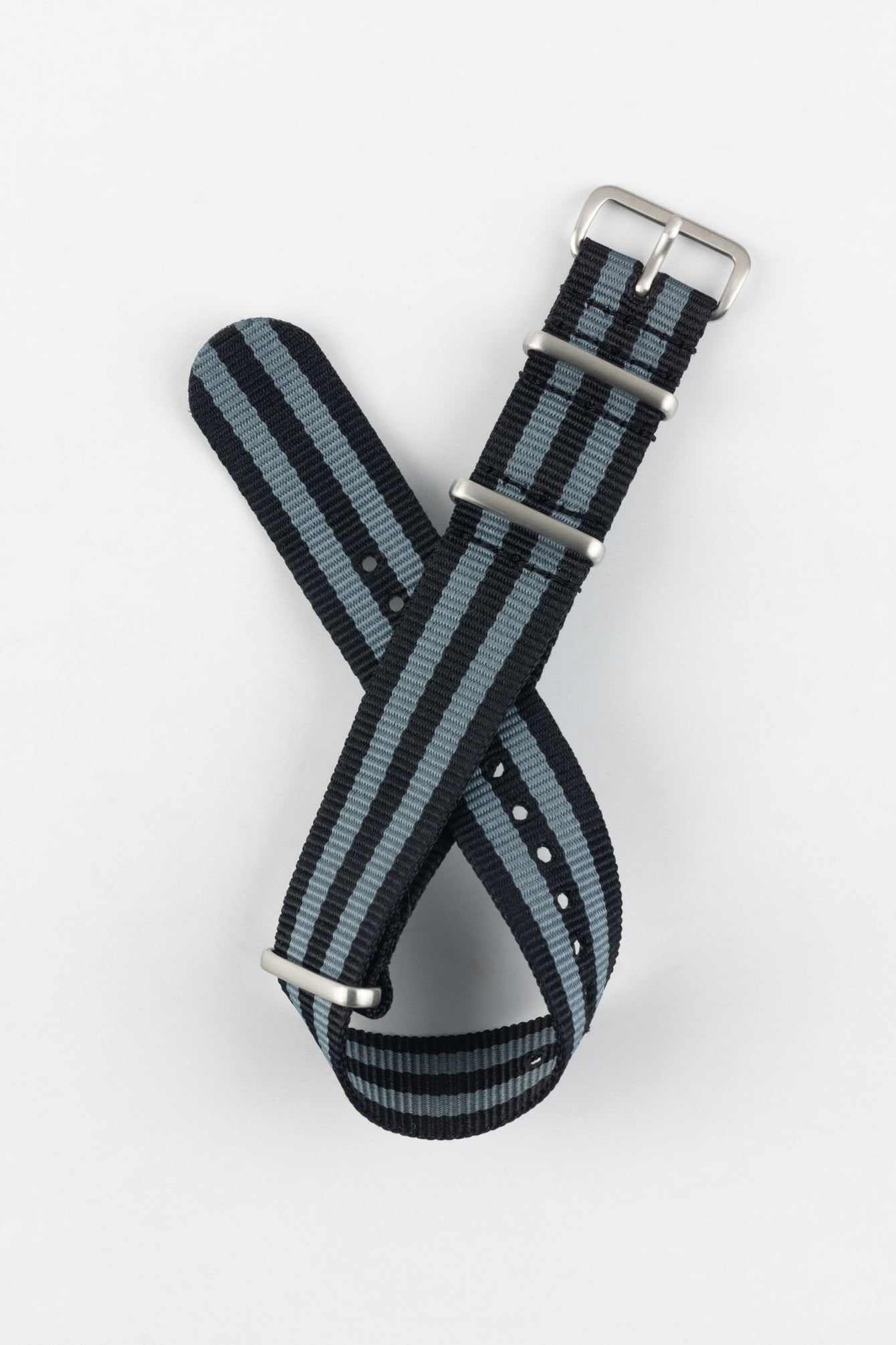 Nylon Watch Strap in BLACK / GREY Stripes with Brushed Buckle & Keepers