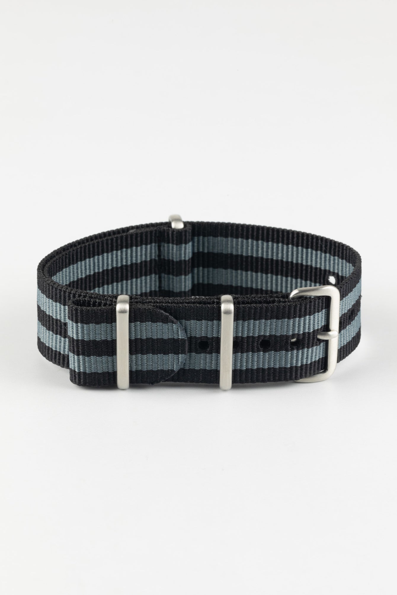 Nylon Watch Strap in BLACK / GREY Stripes with Brushed Buckle & Keepers