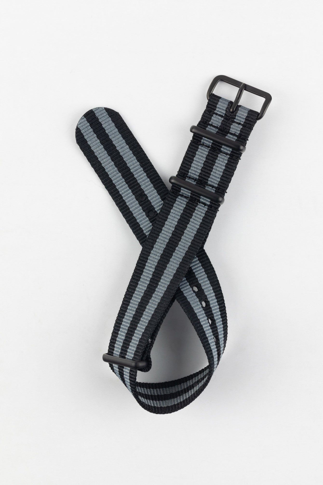 Nylon Watch Strap in BLACK / GREY Stripes with PVD Buckle & Keepers