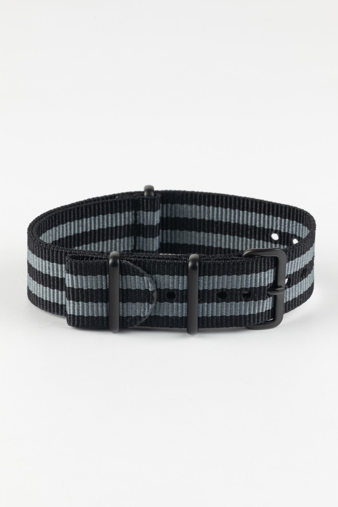 Nylon Watch Strap in BLACK / GREY Stripes with PVD Buckle & Keepers