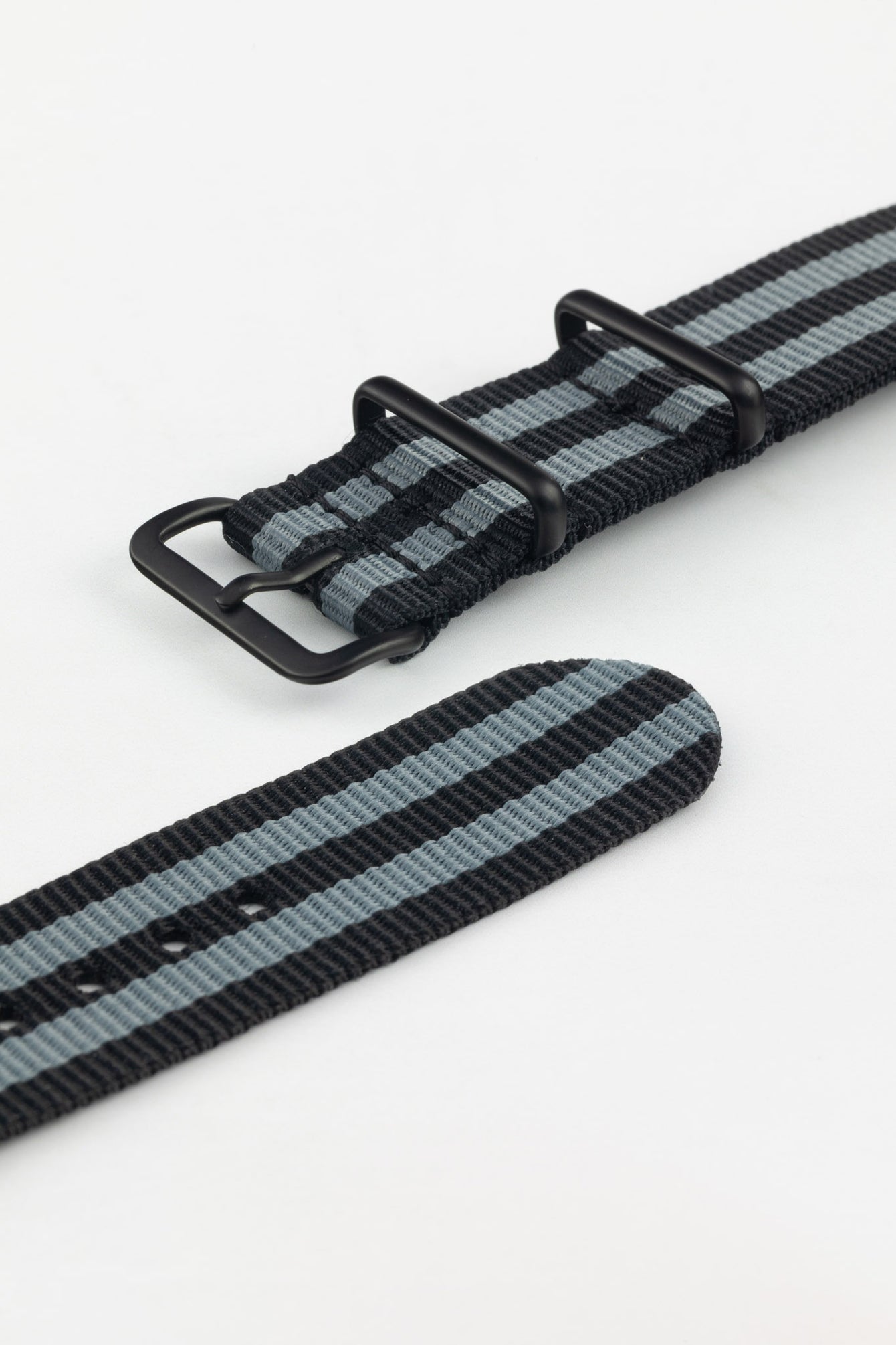 Nylon Watch Strap in BLACK / GREY Stripes with PVD Buckle & Keepers