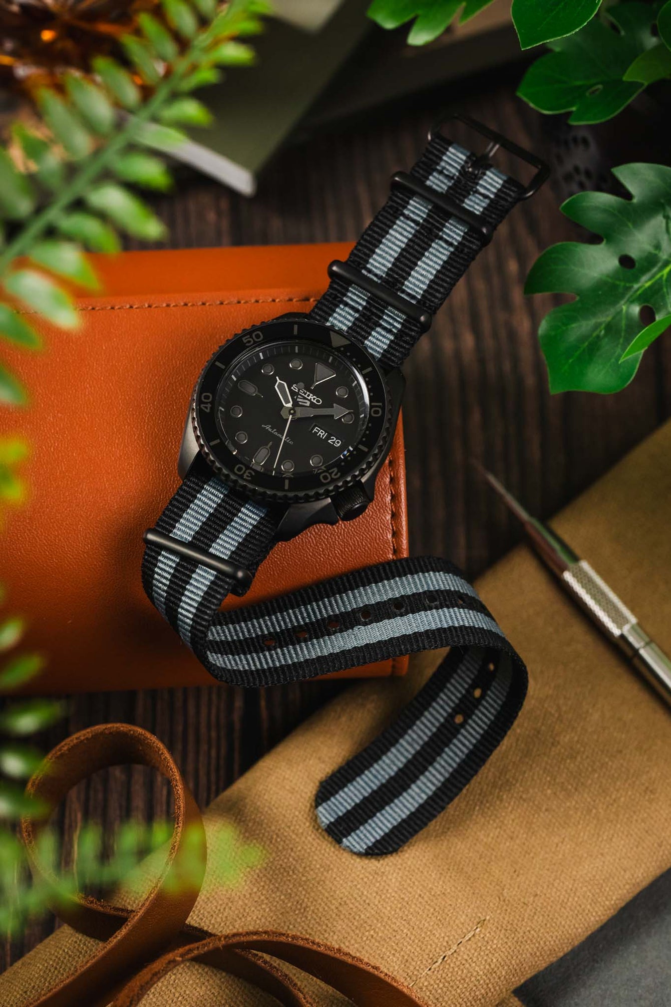 Nylon Watch Strap in BLACK / GREY Stripes with PVD Buckle & Keepers