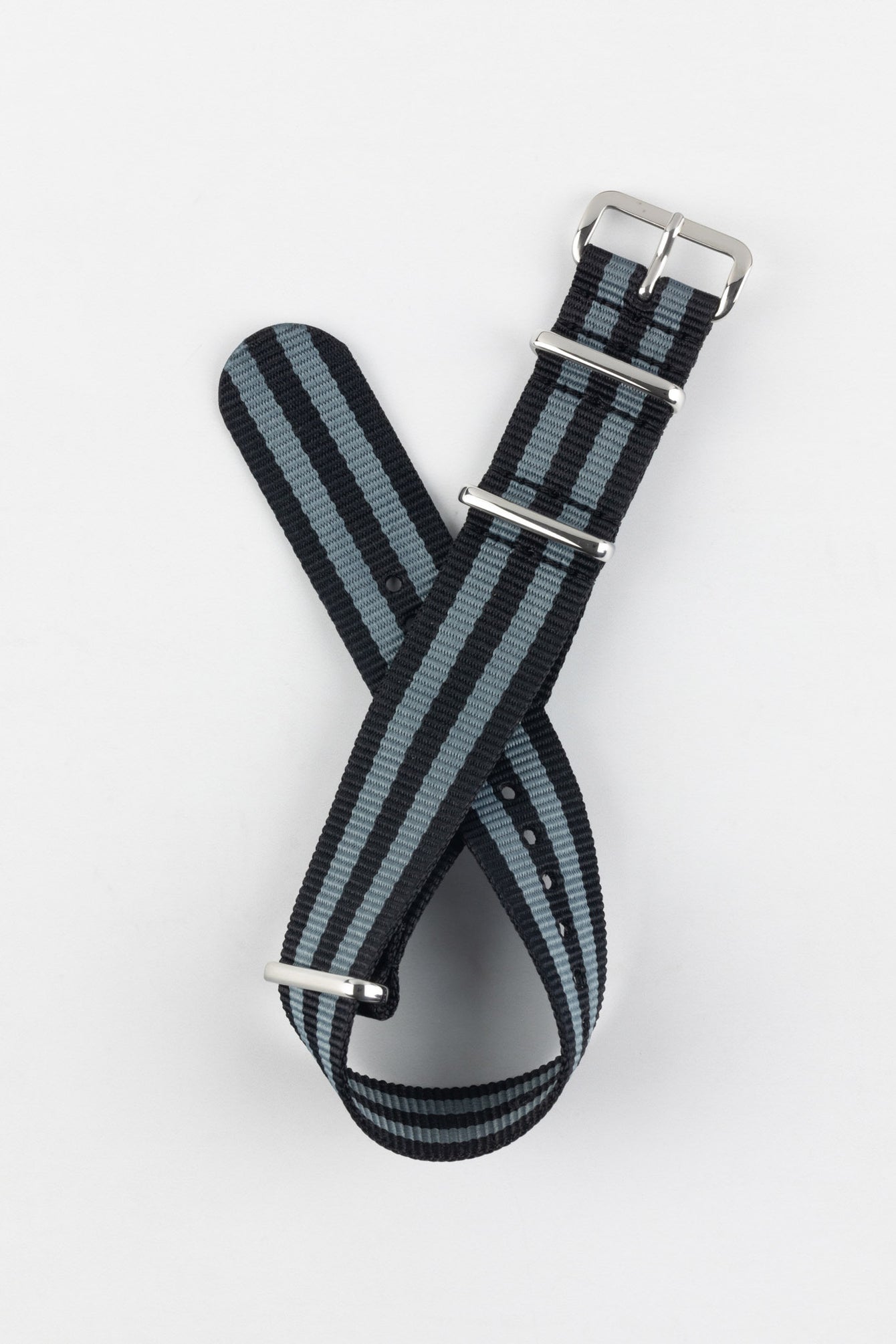 Nylon Watch Strap in BLACK / GREY Stripes with Polished Buckle & Keepers