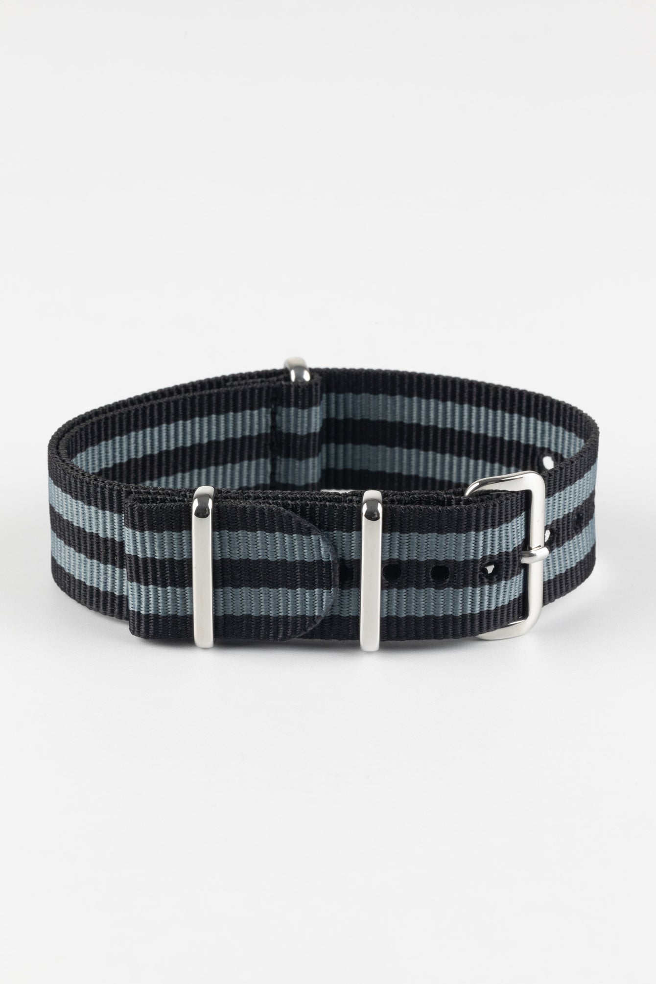 Nylon Watch Strap in BLACK / GREY Stripes with Polished Buckle & Keepers