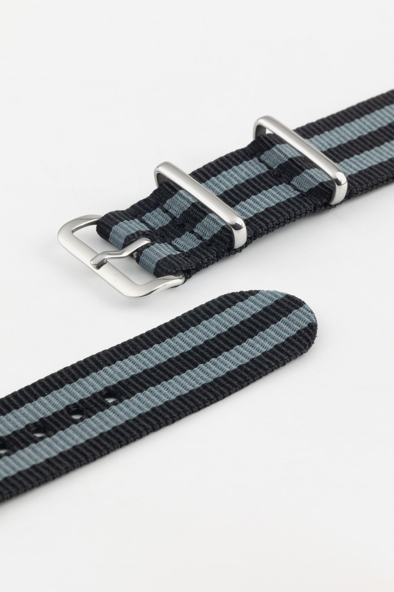 Nylon Watch Strap in BLACK / GREY Stripes with Polished Buckle & Keepers