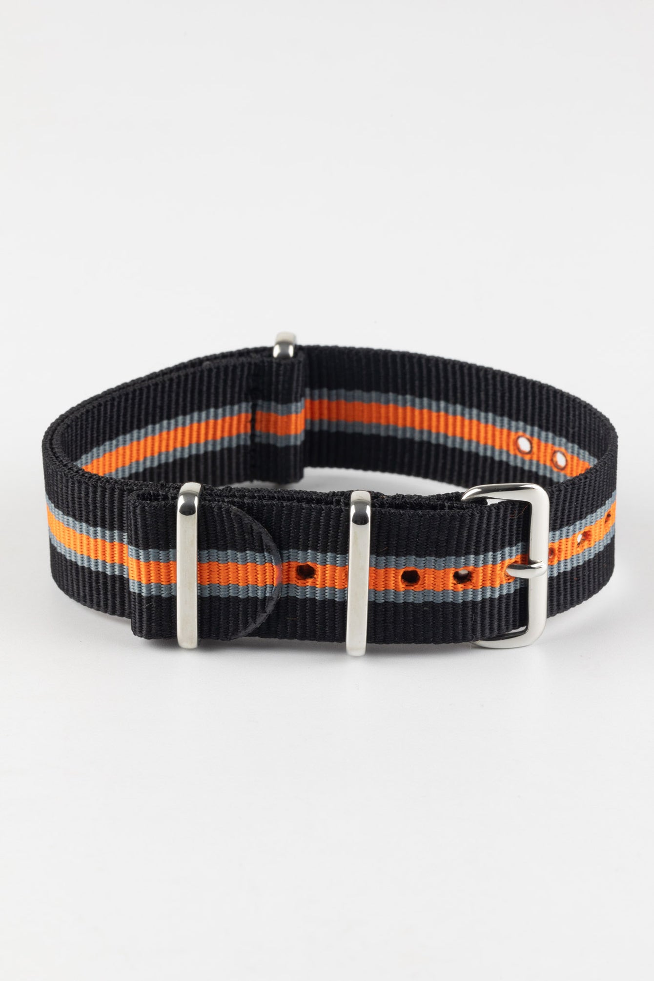 Nylon Watch Strap in BLACK/GREY/ORANGE with Polished Buckle and Keepers