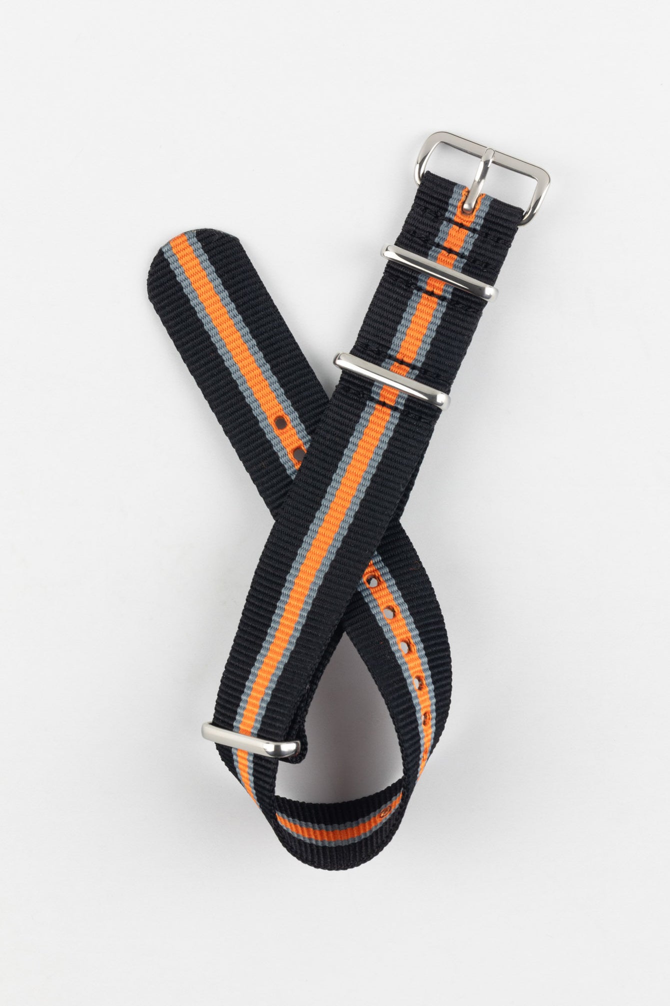 Nylon Watch Strap in BLACK/GREY/ORANGE with Polished Buckle and Keepers