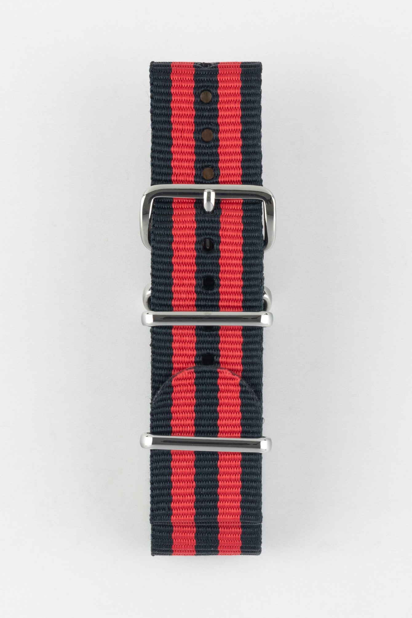 Nylon Watch Strap in BLACK / RED Stripes with Polished Buckle & Keepers