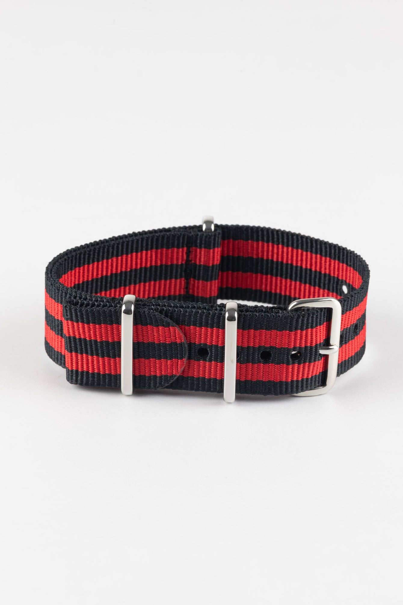 Nylon Watch Strap in BLACK / RED Stripes with Polished Buckle & Keepers