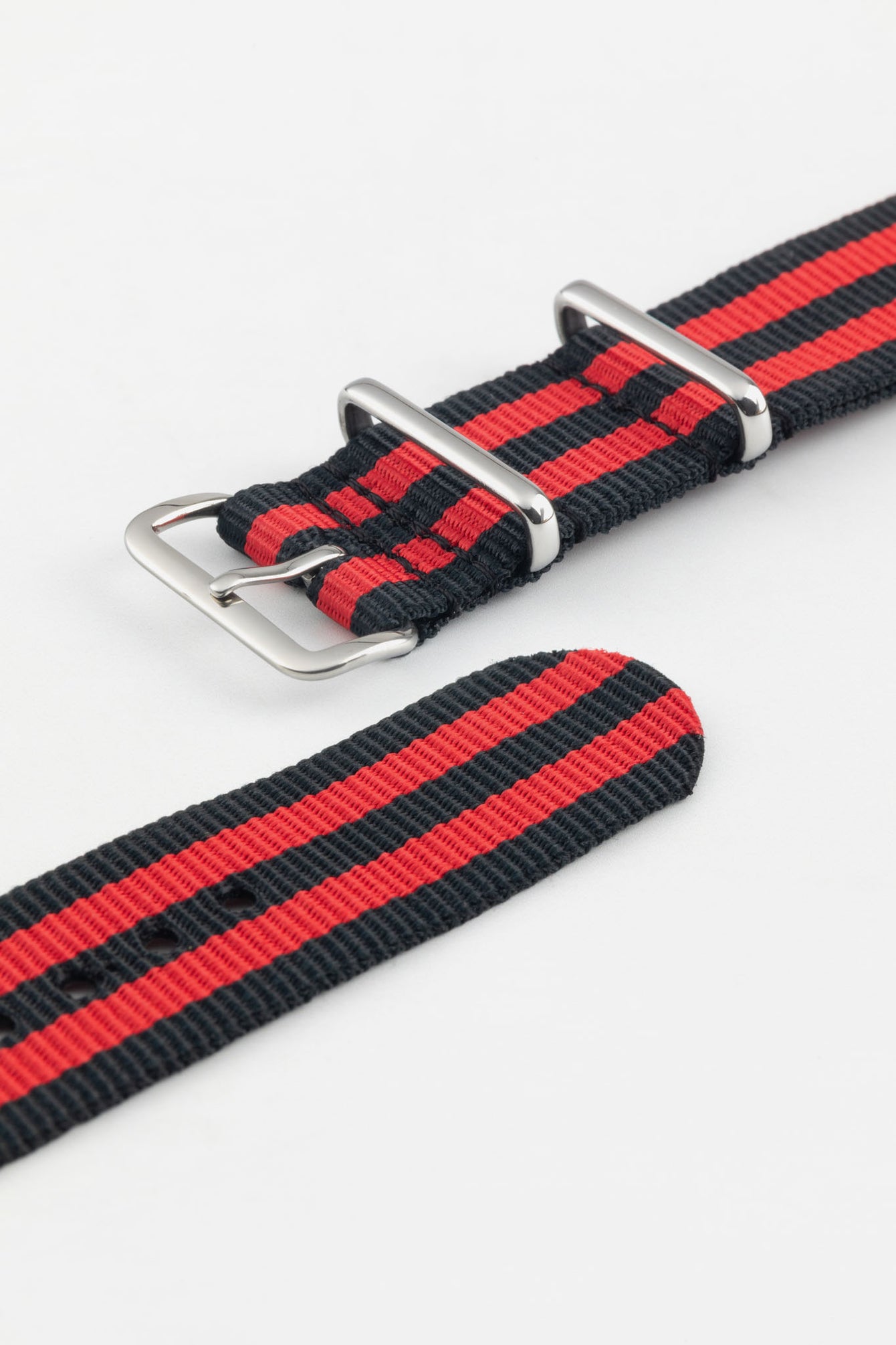 Nylon Watch Strap in BLACK / RED Stripes with Polished Buckle & Keepers