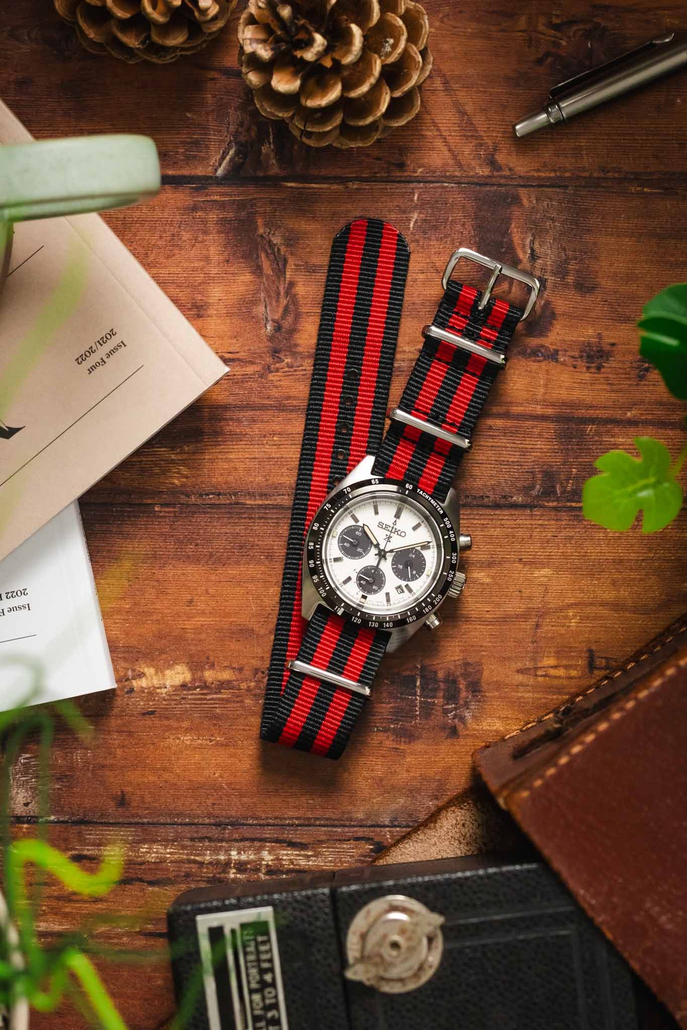 Nylon Watch Strap in BLACK / RED Stripes with Polished Buckle & Keepers