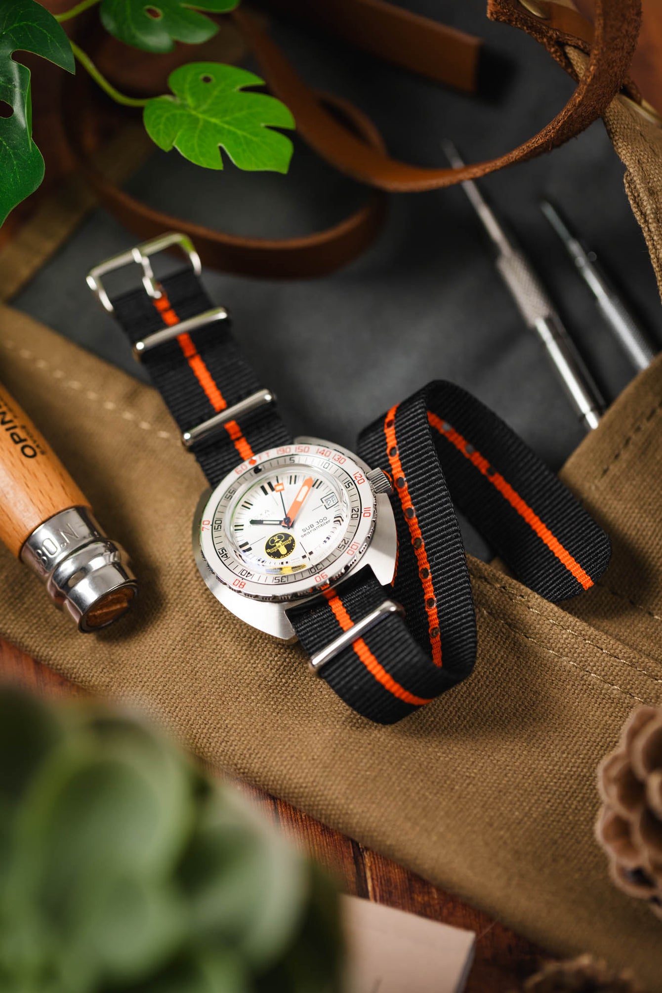 Nylon Watch Strap in BLACK with Single ORANGE Stripe