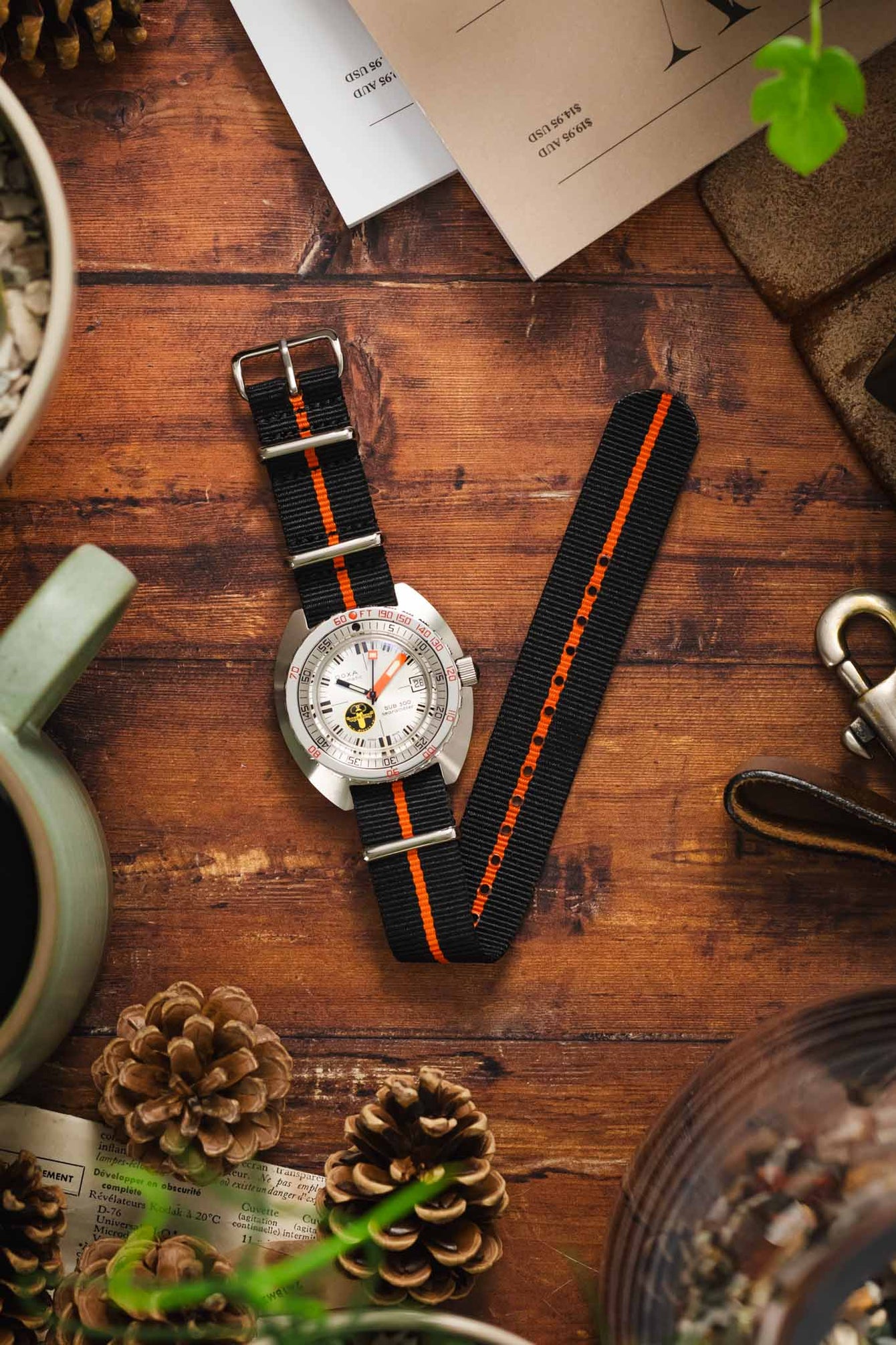 Nylon Watch Strap in BLACK with Single ORANGE Stripe