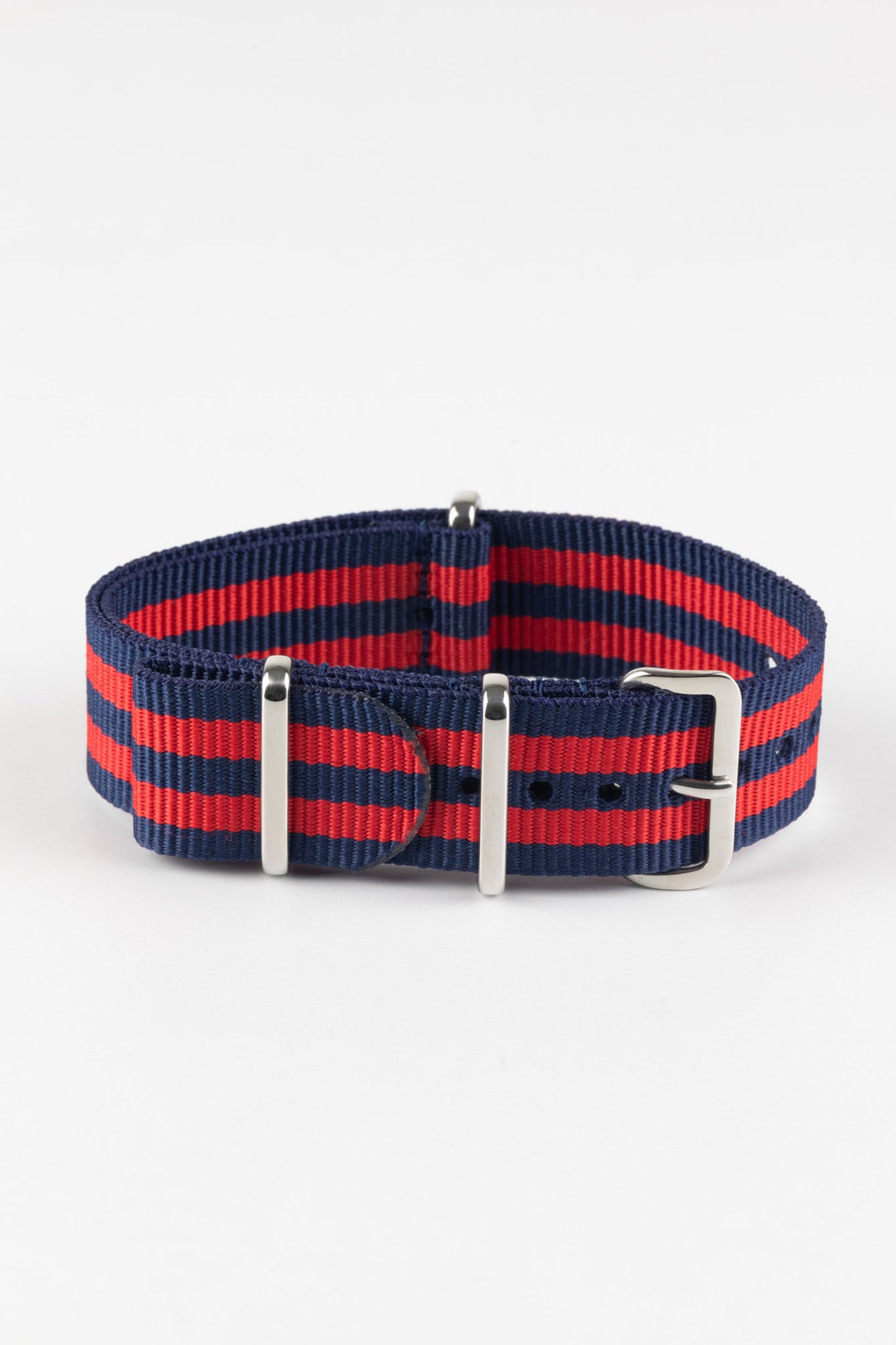 Nylon Watch Strap in BLUE / RED Stripes with Polished Buckle & Keepers