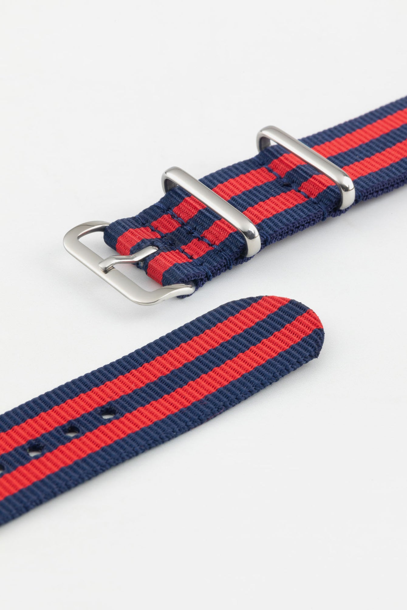 Nylon Watch Strap in BLUE / RED Stripes with Polished Buckle & Keepers