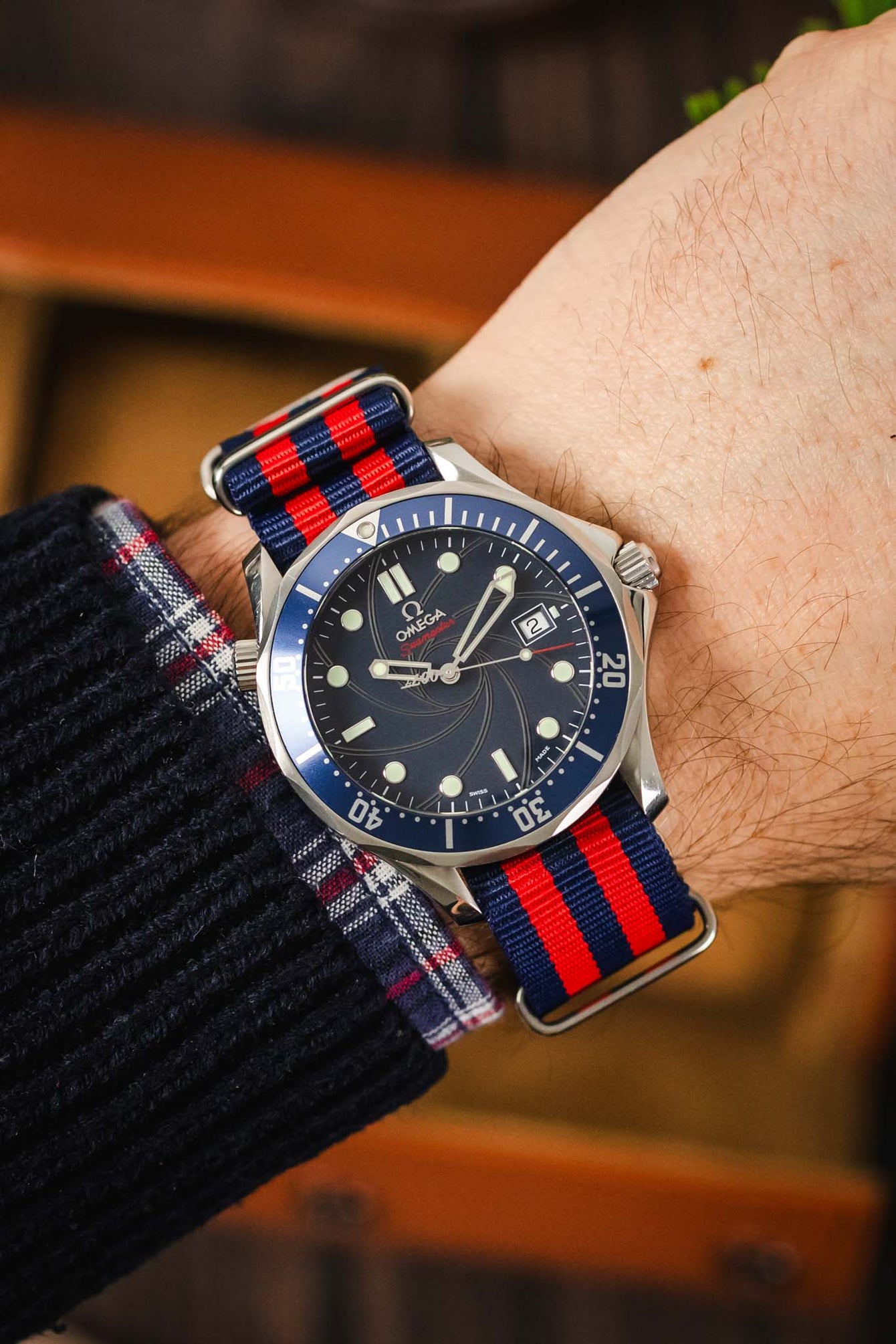 Nylon Watch Strap in BLUE / RED Stripes with Polished Buckle & Keepers