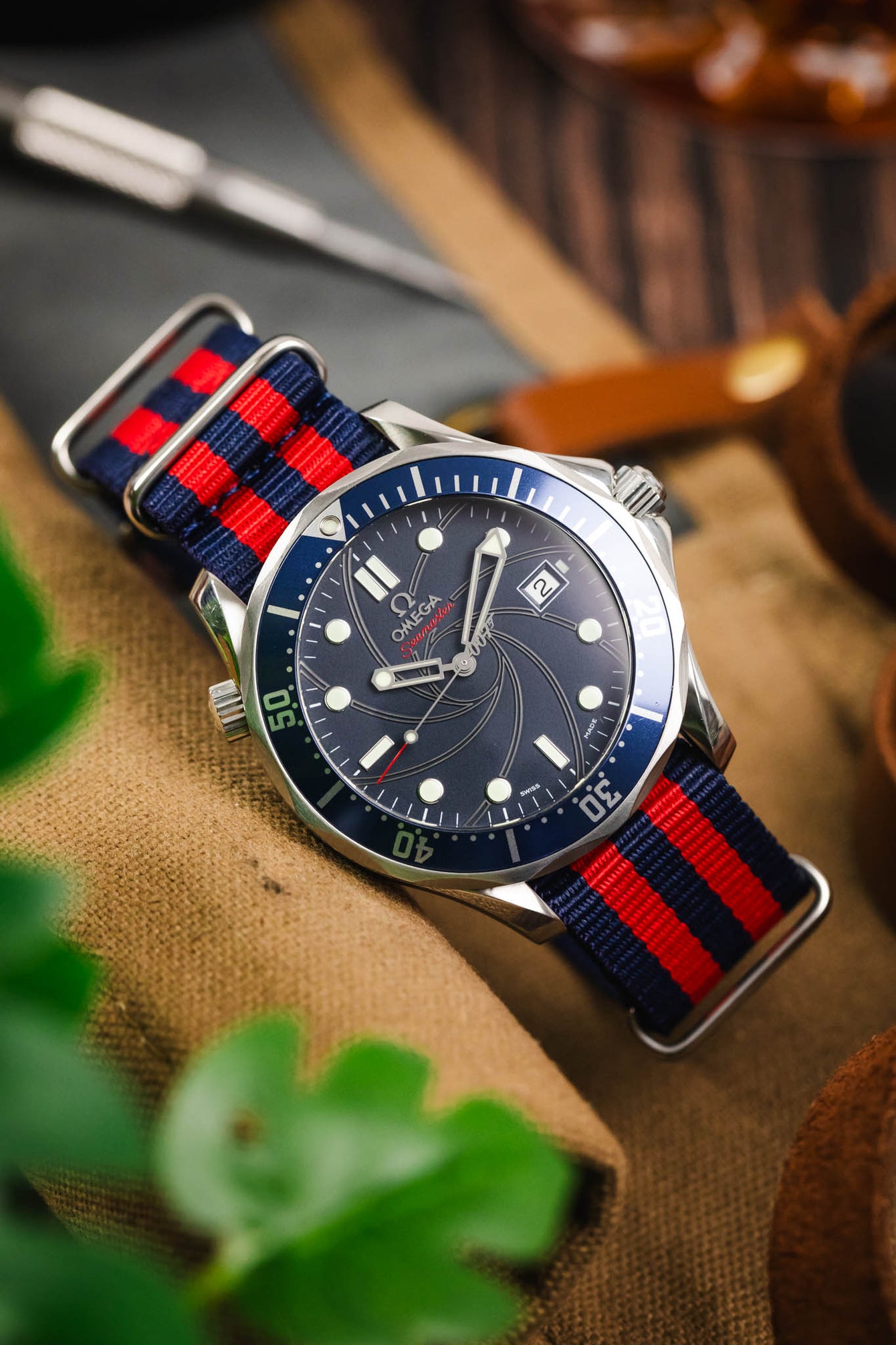 Nylon Watch Strap in BLUE / RED Stripes with Polished Buckle & Keepers