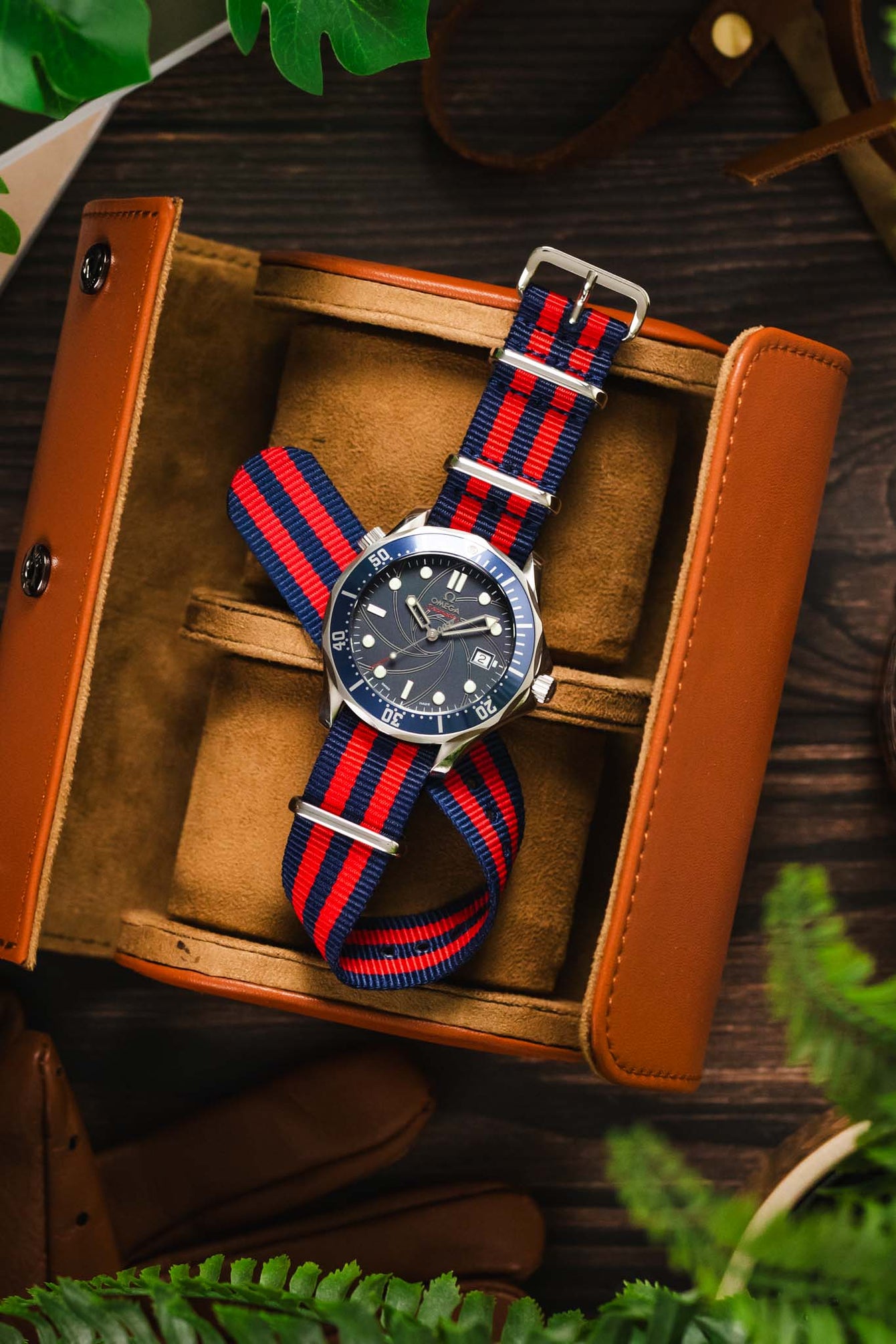 Nylon Watch Strap in BLUE / RED Stripes with Polished Buckle & Keepers