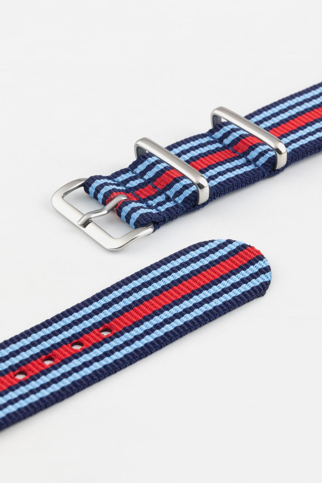 Nylon Watch Strap in BLUE / RED Motorsport Stripes with Polished Buckle & Keepers