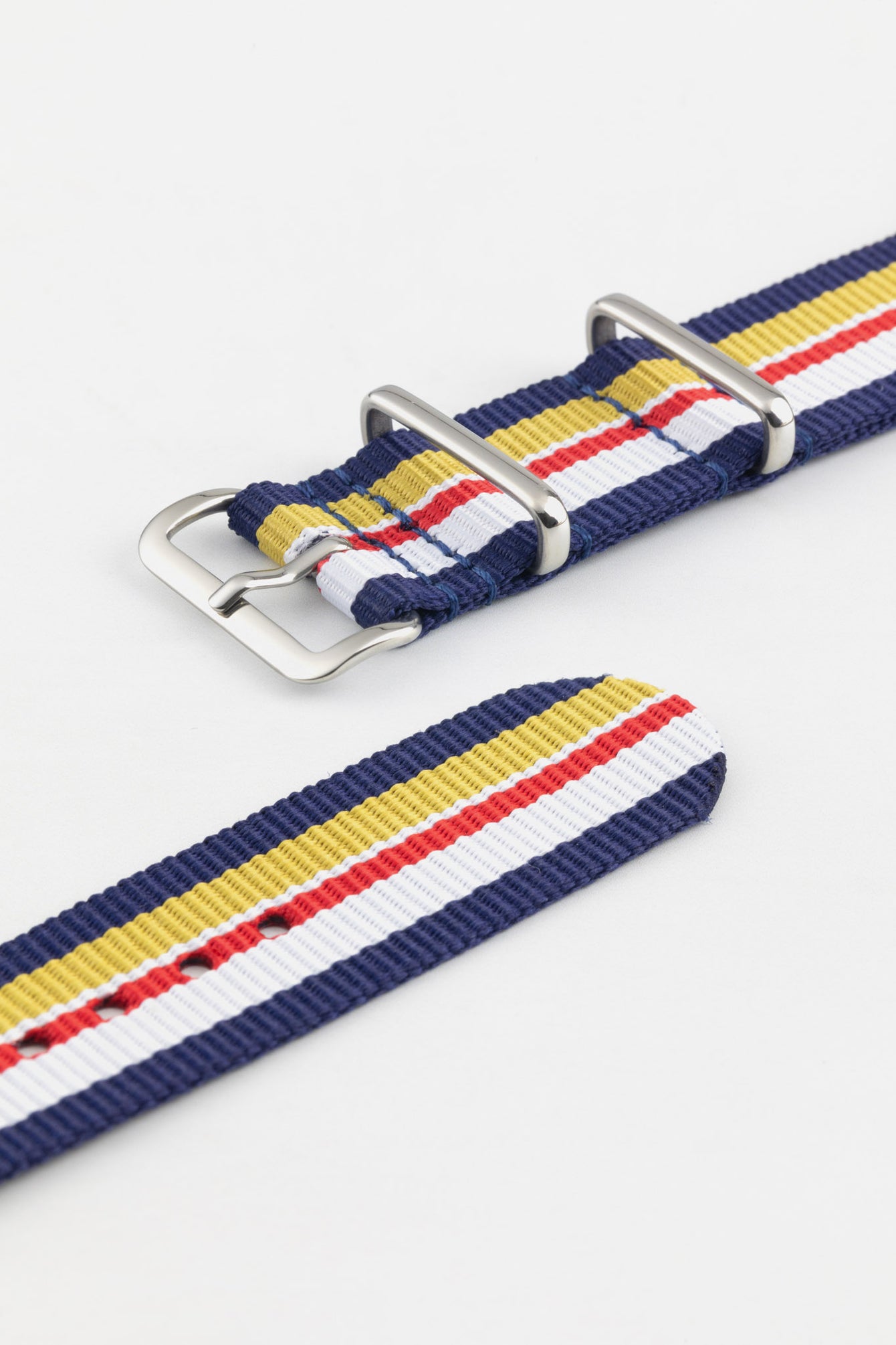 Nylon Watch Strap in BLUE / WHITE / RED / YELLOW Motorsport Stripes with Polished Buckle & Keepers