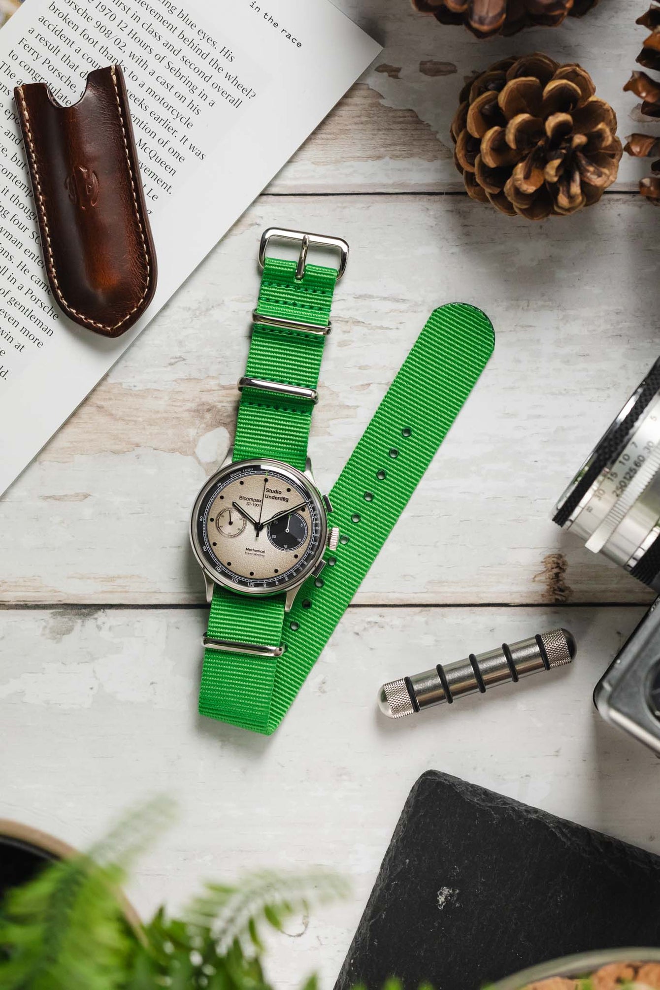 Nylon Watch Strap in BRIGHT GREEN with Polished Buckle and Keepers