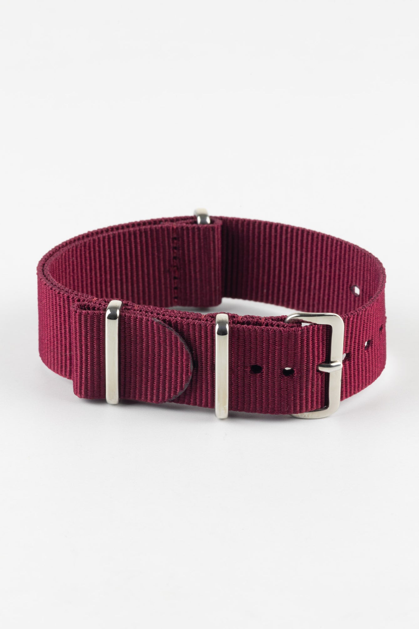 Nylon Watch Strap in BURGUNDY with Polished Buckle and Keepers