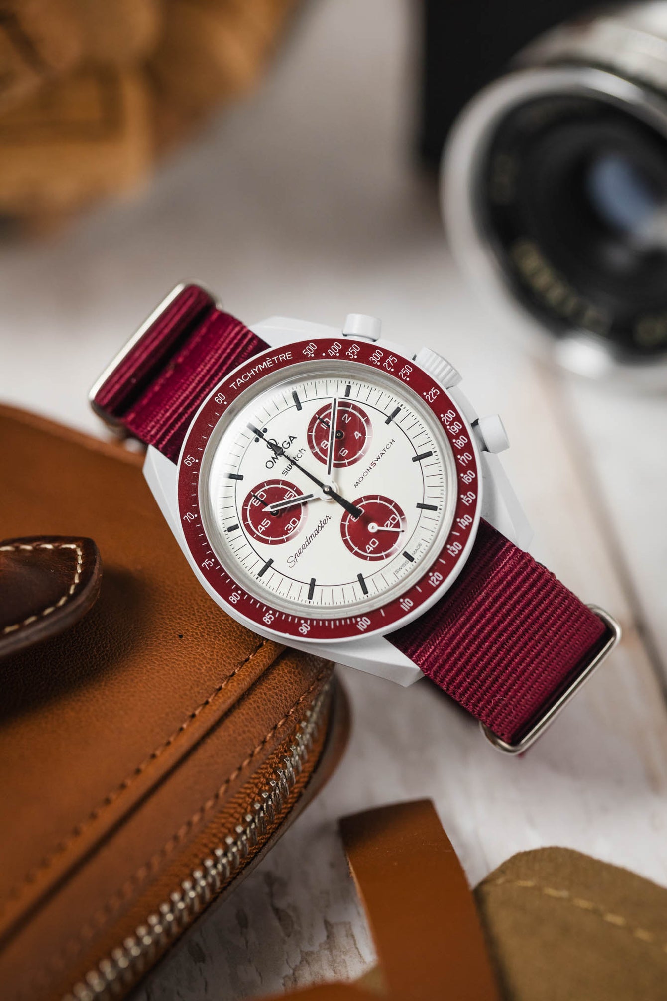 Nylon Watch Strap in BURGUNDY with Polished Buckle and Keepers