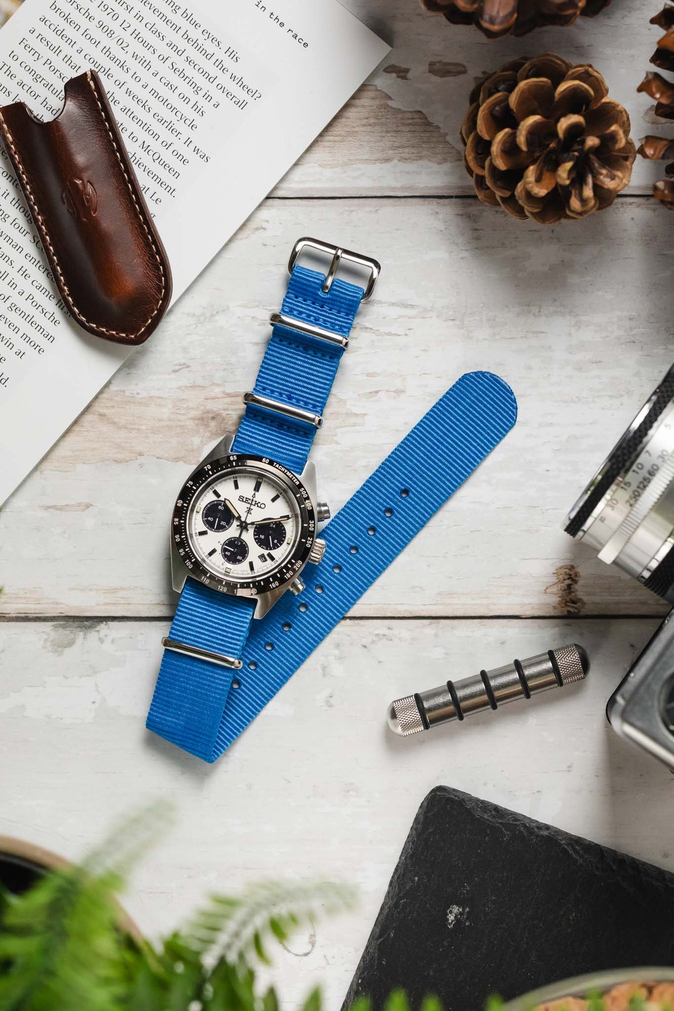 Nylon Watch Strap in CAPRI BLUE with Polished Buckle and Keepers