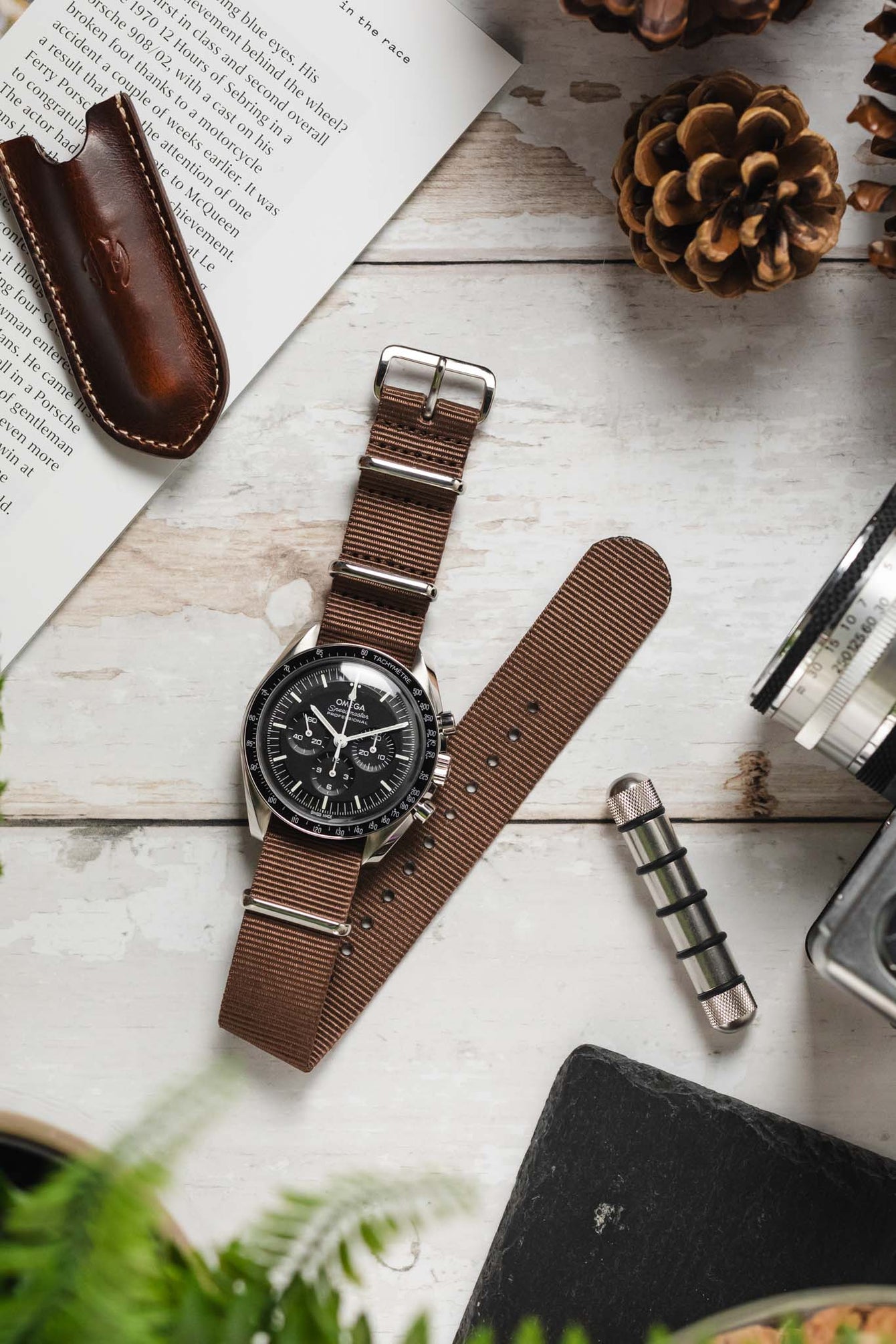 Nylon Watch Strap in COFFEE BROWN with Polished Buckle and Keepers